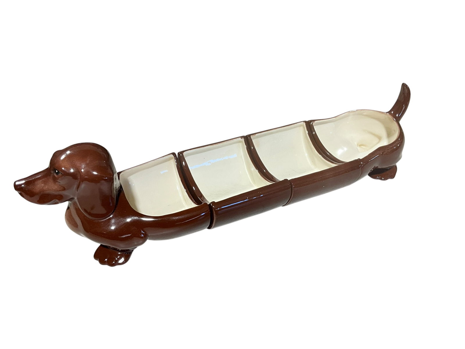 Marston-Calif Dachshund Ceramic Dog Server: Excellent condition. Signed on bottom. Four sections total. 20.5" x 5" x 5.5".
