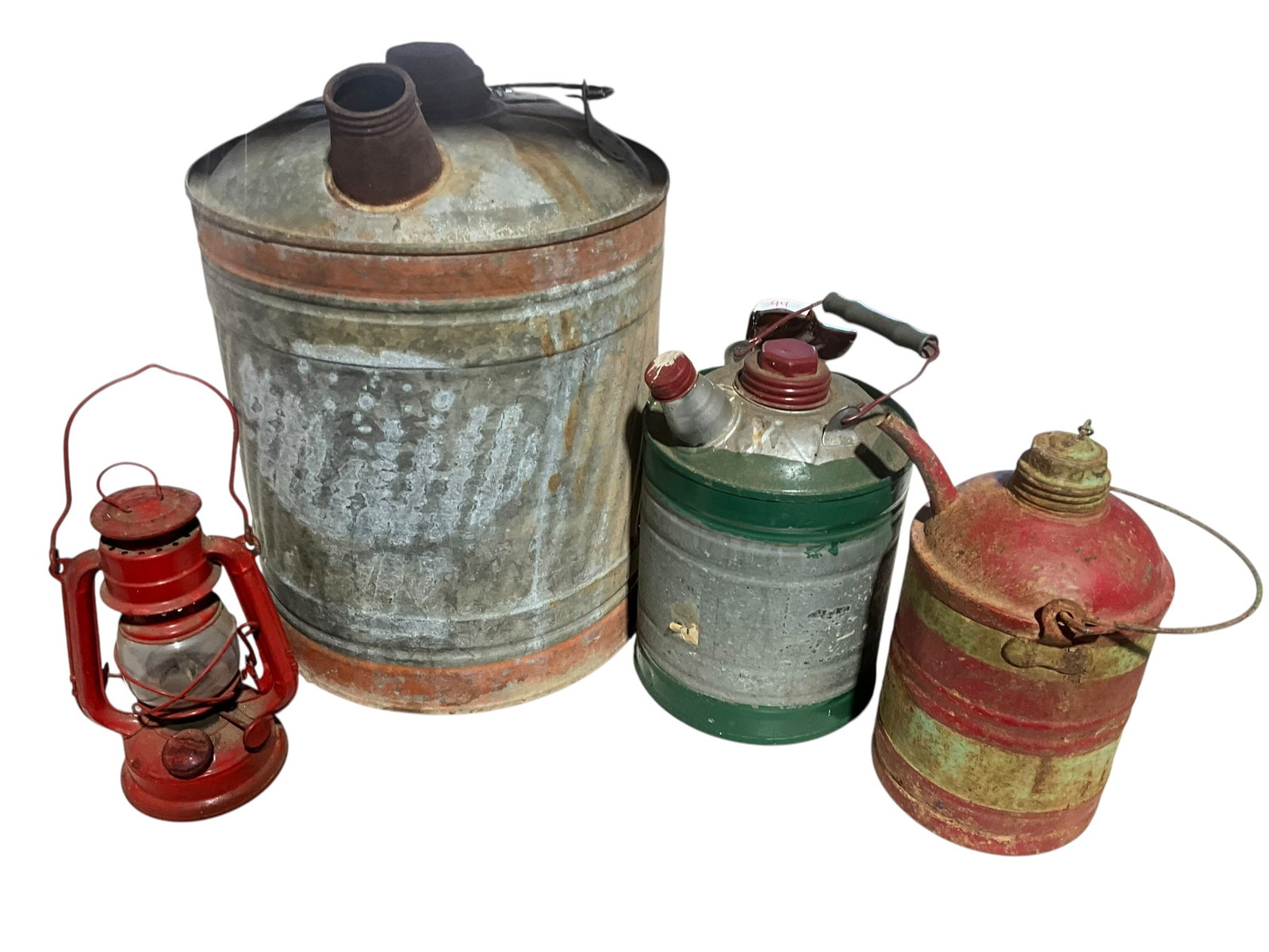Three Vintage Metal Gas Cans & Lantern (1 of 1)