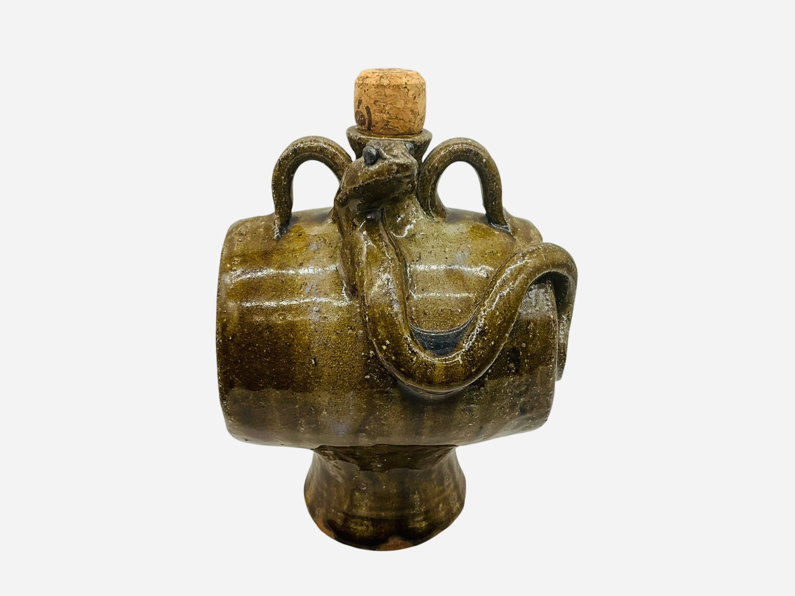 Michael Ball Snake Barrel Vase: Mint condition. Excellent barrel vase featuring a snake, two strap handles and cork. Stamped 'MB' on side. Measures 8" x 6" x 5".