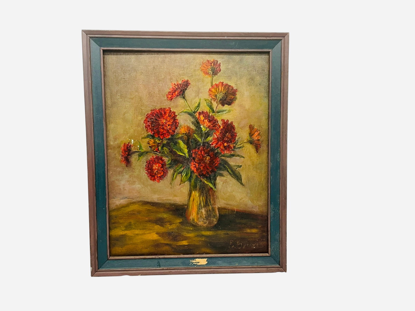 Floral Still Life Oil Painting on Board: Still life painting is framed and signed bottom right. Unable to decipher signature. Measures 23" x 18.5".