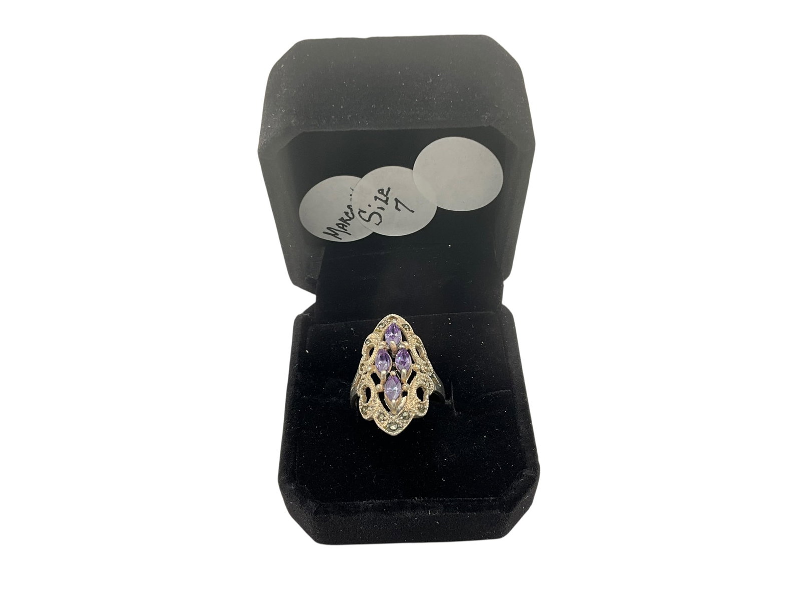 Sterling Silver Marcasite Amethyst Ring: Great condition. Size 7. Stamped 925.