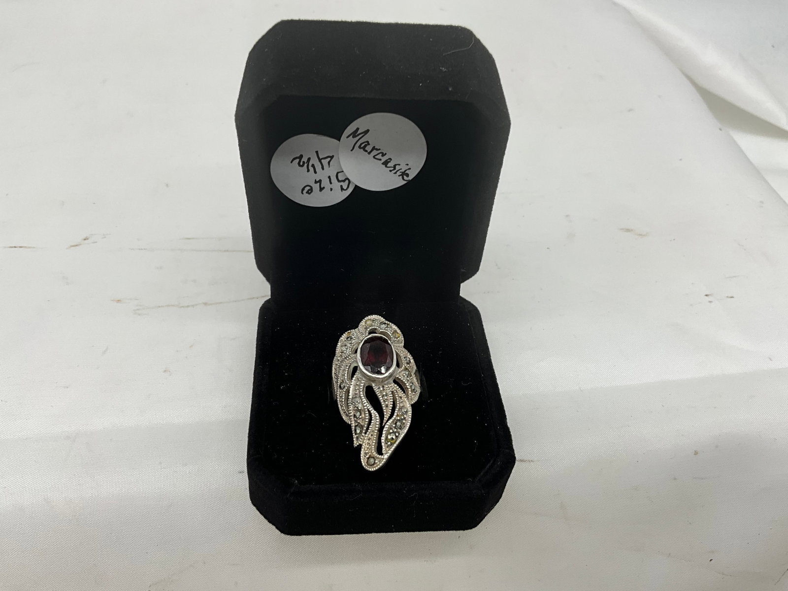 Sterling Silver Marcasite Ring w/ Red Stone: Great condition. Size 4.5.