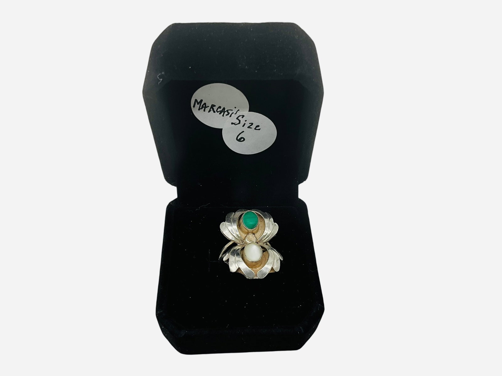 Sterling Silver Marcasite Ring w/ Green & White Stone: Great condition. Size 6.