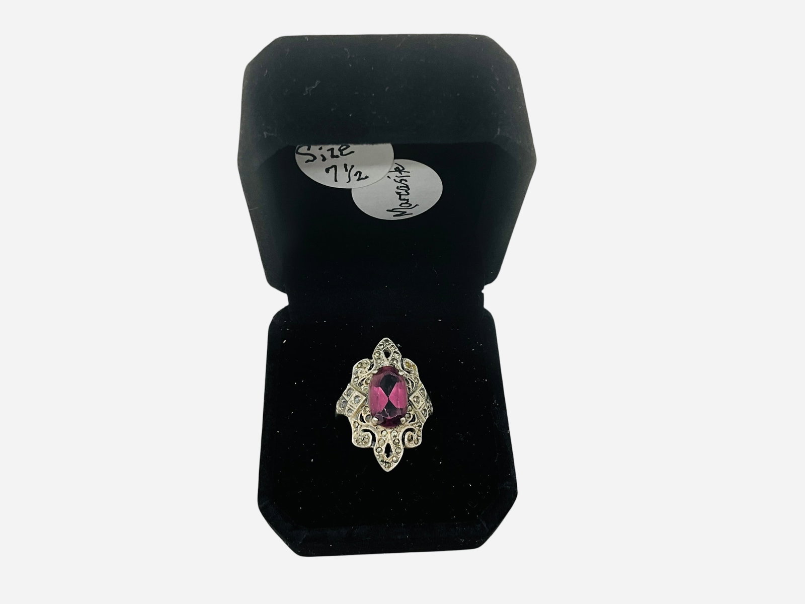 Sterling Silver Marcasite Ring w/ Purple Stone: Great condition. Size 7.5.