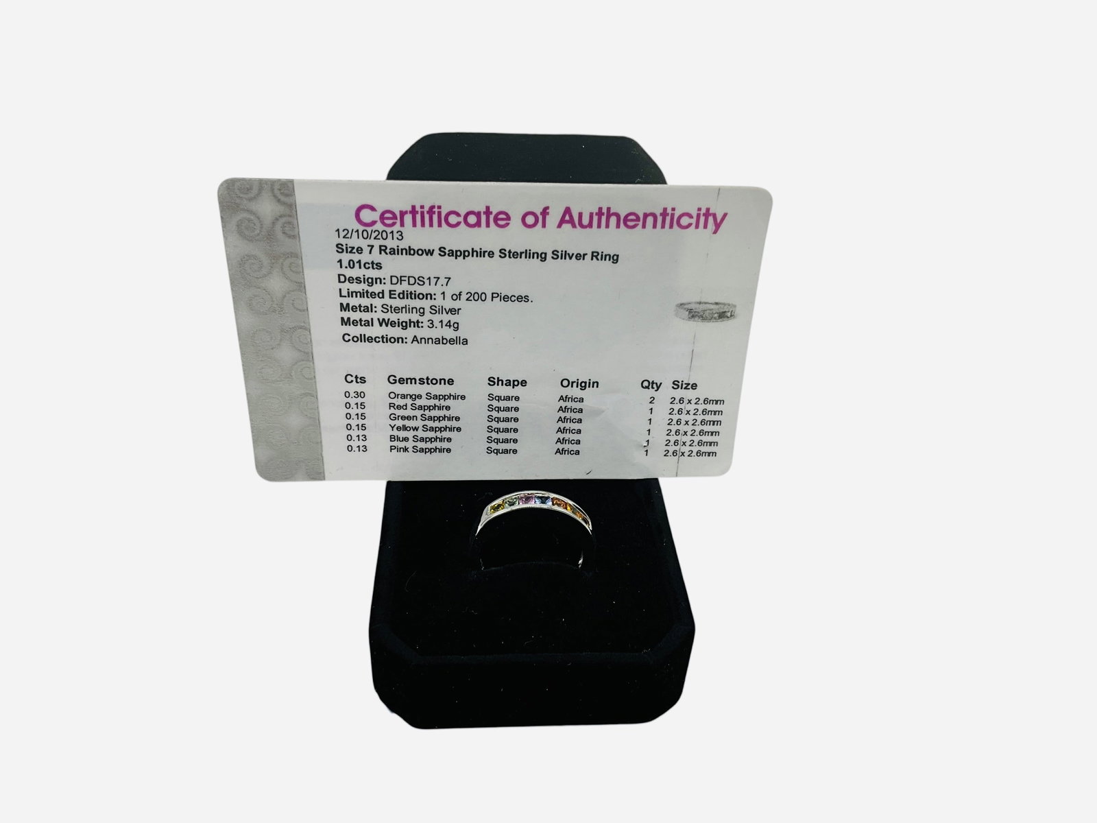 Sterling Silver Rainbow Sapphire Ring w/ COA: Great condition. Size 7. 1.01 carats. Weight 3.14 grams. COA included.