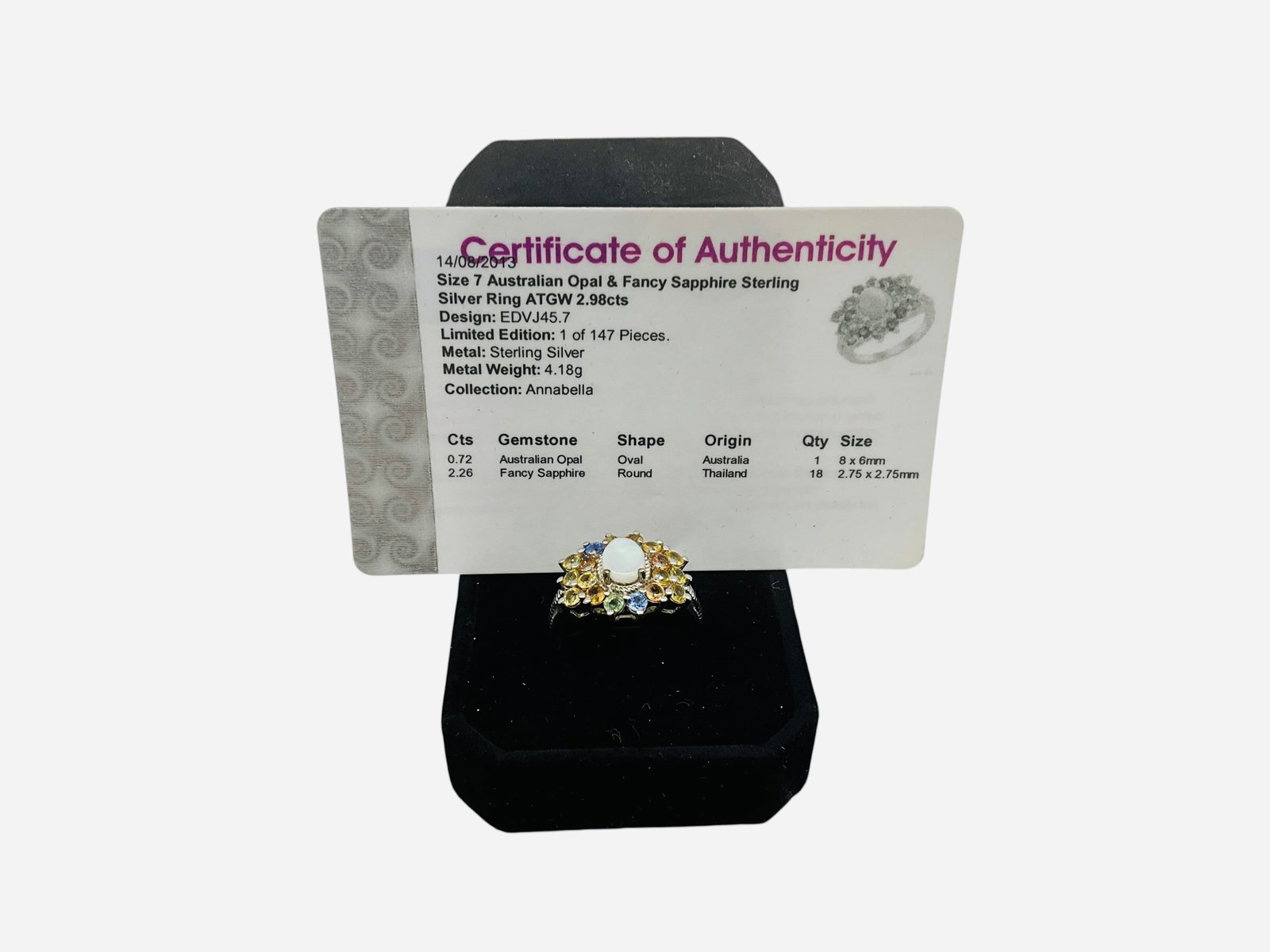 Sterling Silver Australian Opal & Sapphire Ring w/ COA: Great condition. Size 7. 2.98 carats. Weight 4.18 grams. COA included.