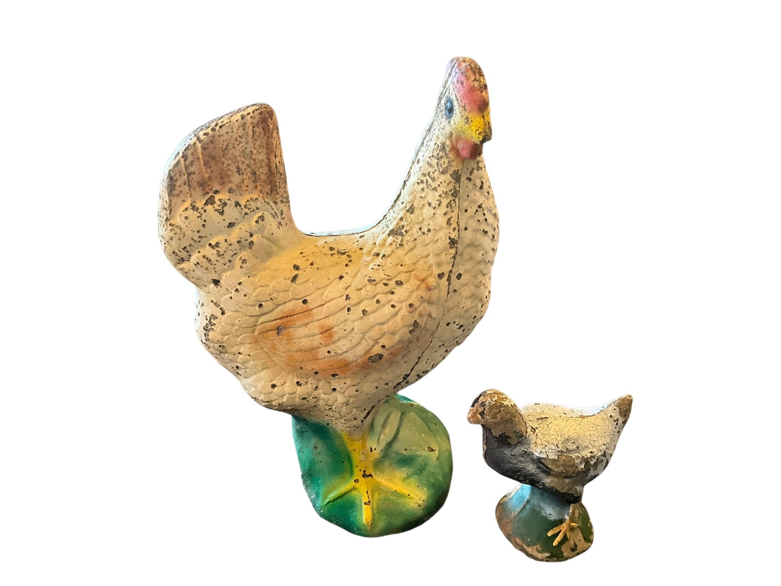 Pair Of Vintage Concrete Chickens Large & Small: Used condition. 15 inches & 6 1/2 inches tall. See photos. 