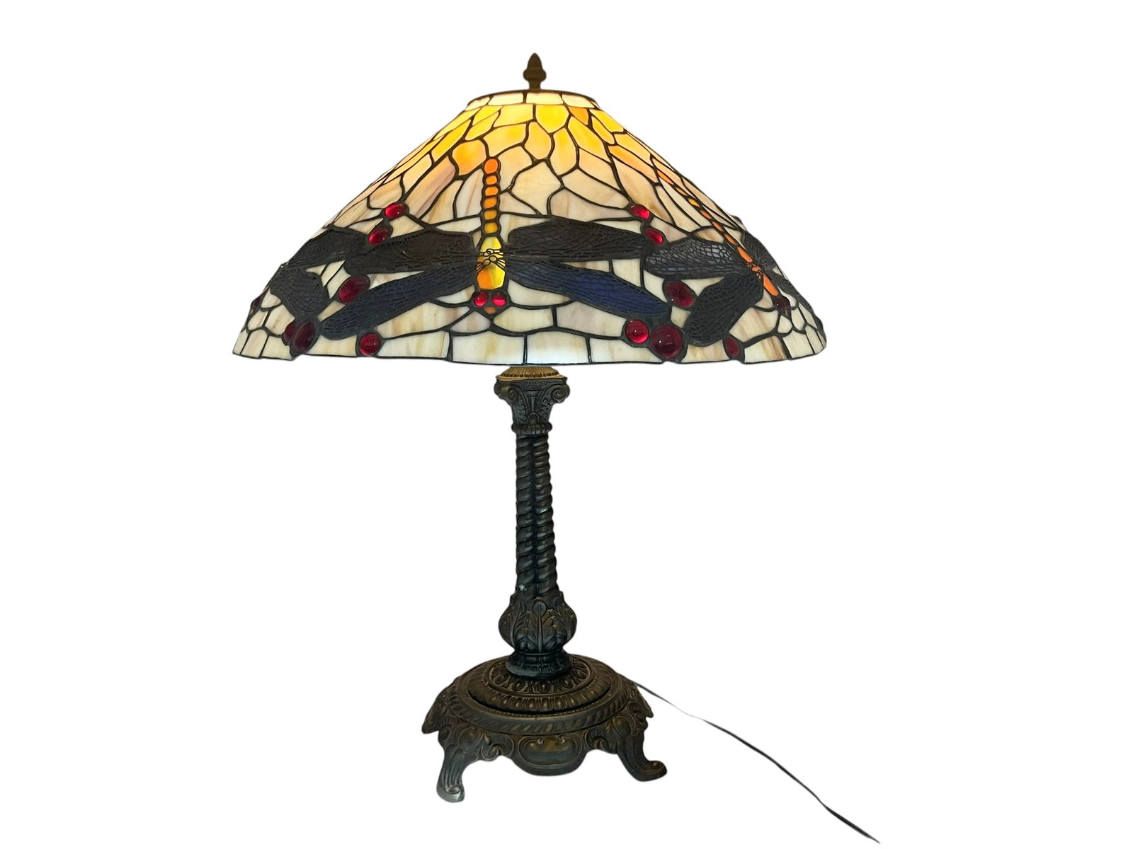 Drop Head Dragonfly Tiffany Style Glass Shade Table Lamp: Glass and weld shade construction. No marking I can find. Total height is 26 inches tall. Shade measures 20 1/2 wide x 9 inches tall. No damage or cracks in shade. Works as it should. 
