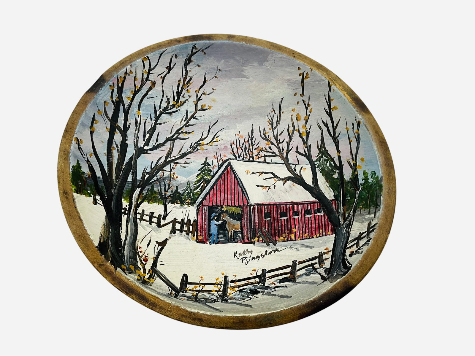 Vintage Munising Wood Dough Bowl Hand Painted Folk Art Signed: 11 1/4 inches across. Painted barn scene signed by artist Kathy Plingston. 