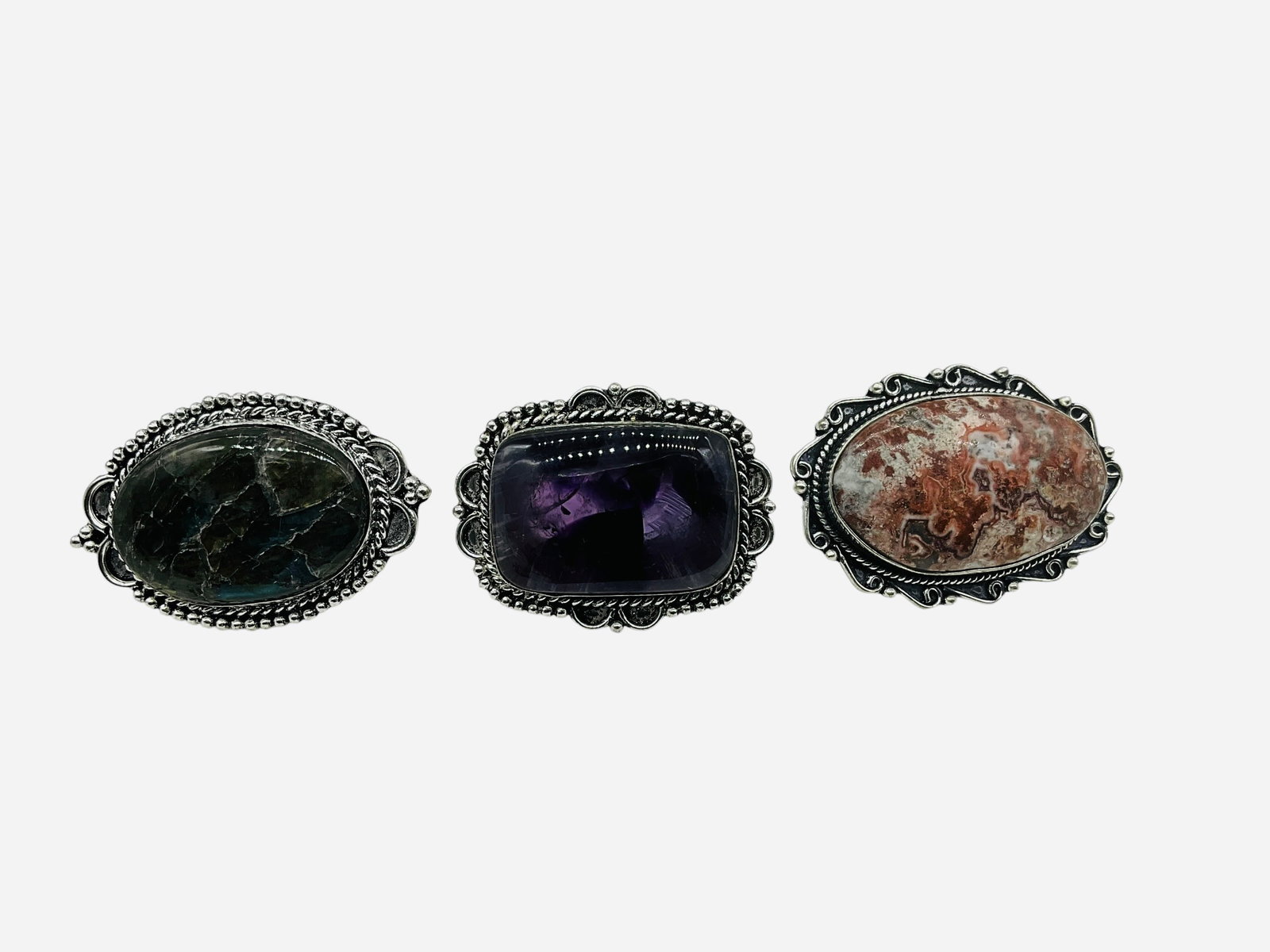 Lot Of 3 New German Silver Rings Opal Amethyst Labarodorite: New with tags. All Size 6. See photos. 
