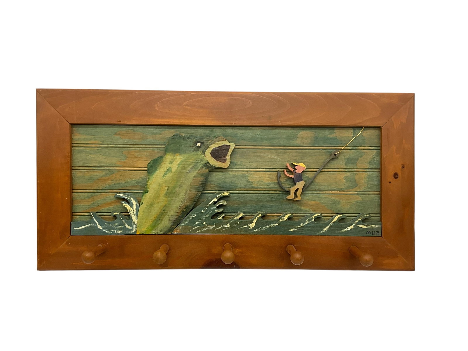 Fish Folk Art Coat Rack: Excellent condition. Signed 'Muz' and dated 05 on back. Has 5 hooks and measures 12.75" x 26.5".