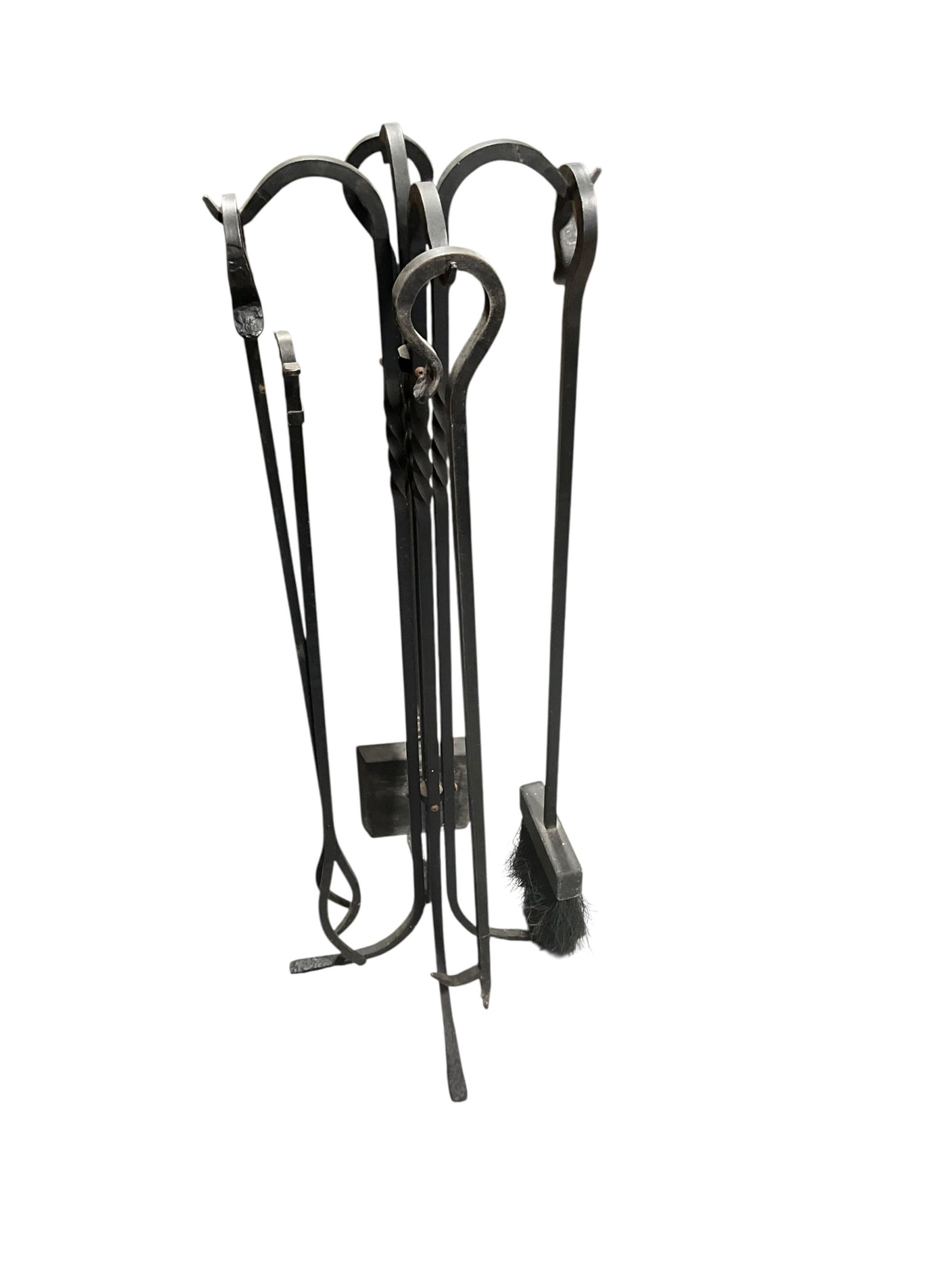 Wrought Iron Fireplace Set: Good preowned condition. Very heavy. Total height 39 inches.