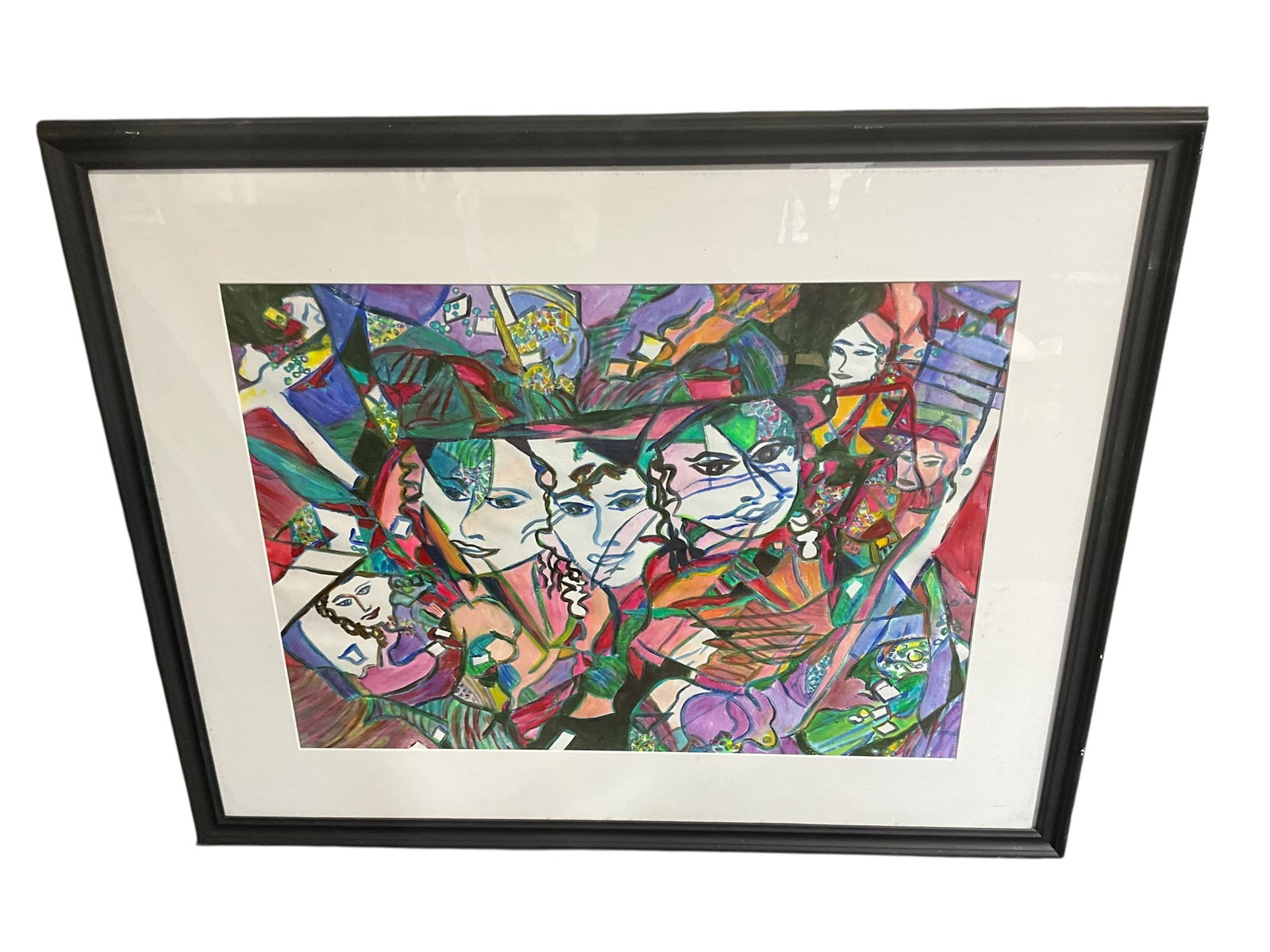 Stunning Abstract Painting with Multiple Faces: A stunning piece of mixed media, abstract art. Features multiple faces, colors and shapes making it a true show stopper. Artist unknown. Painting is framed and measures 33" x 41".