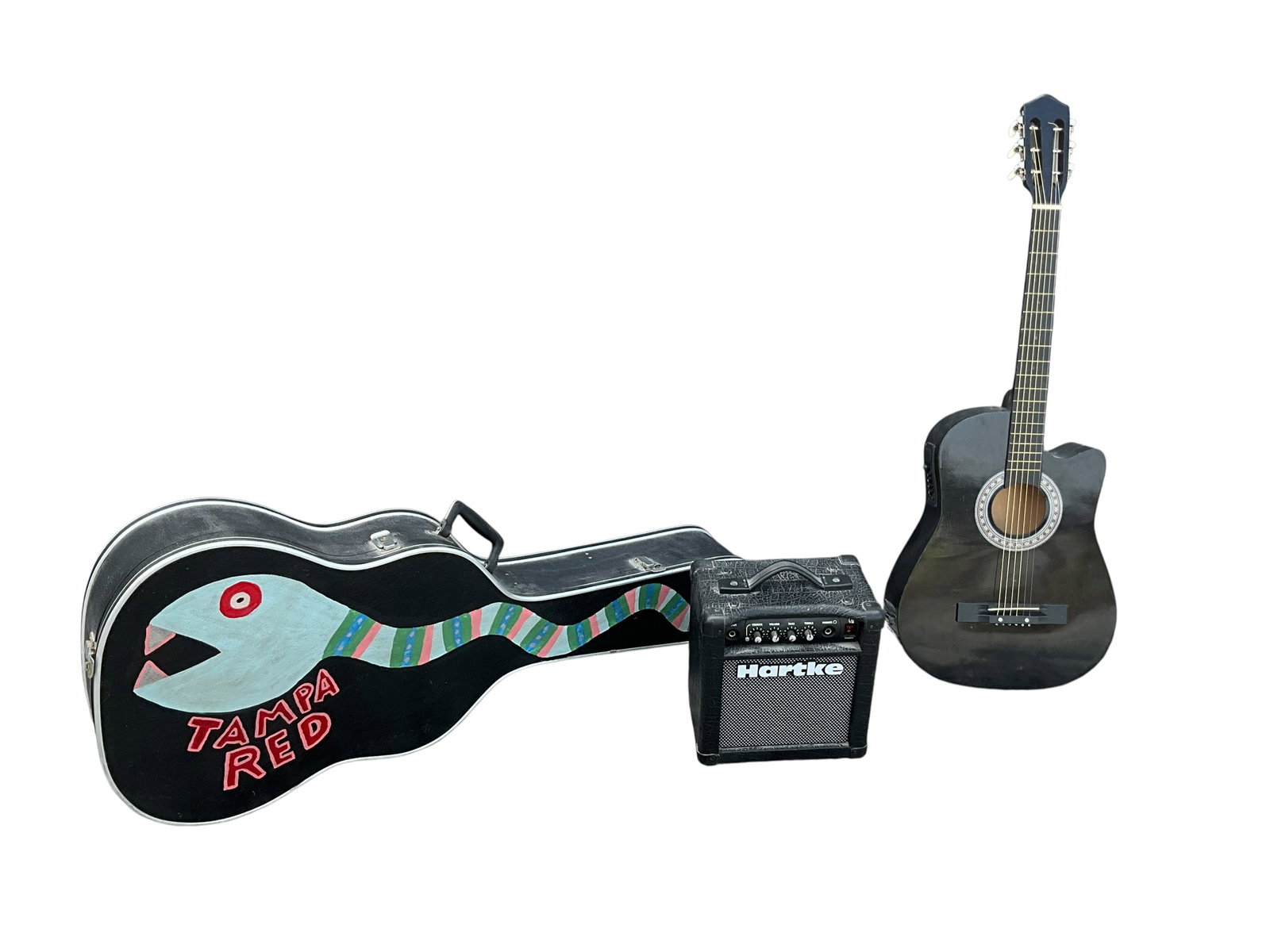 Randy Tobias Guitar Case, Guitar & Amp: A great folk art painted guitar case featuring a snake dubbed 'Tampa Red'. Black acoustic guitar included a long with Hartke amp. Amp works as it should. Maker unknown on guitar. Case measures 41.5" x