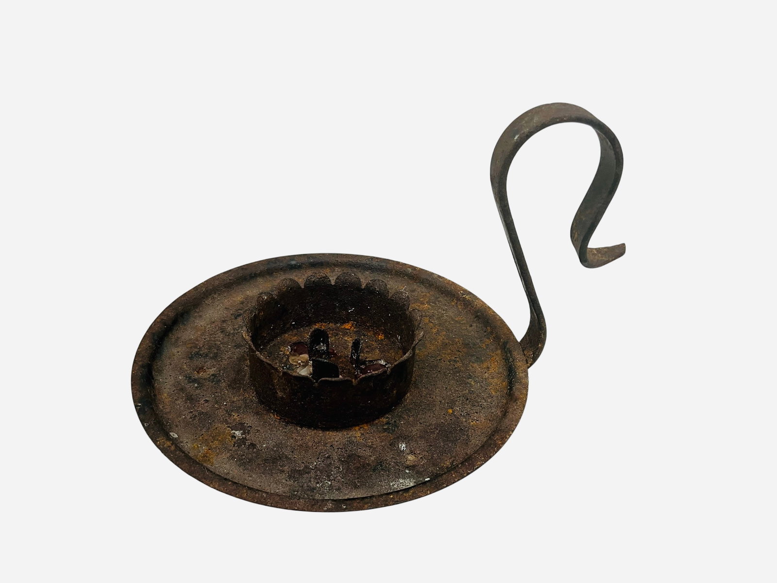 Vintage Wrought Iron Candle Holder: An excellent iron candle holder or chamber stick. Stands 5 inches including handle and has a diameter of 6.5 inches.