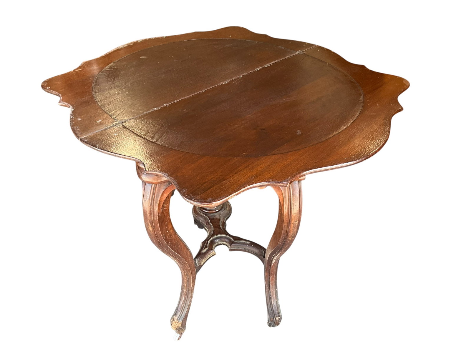 Vintage Wood Flip Top Card Table: Overall good condition. Surface scratches from years of use and cosmetic damage to one leg. Table is on wheels with storage underneath the flip top. Ornate finial underneath. Measures 29" x 33" x