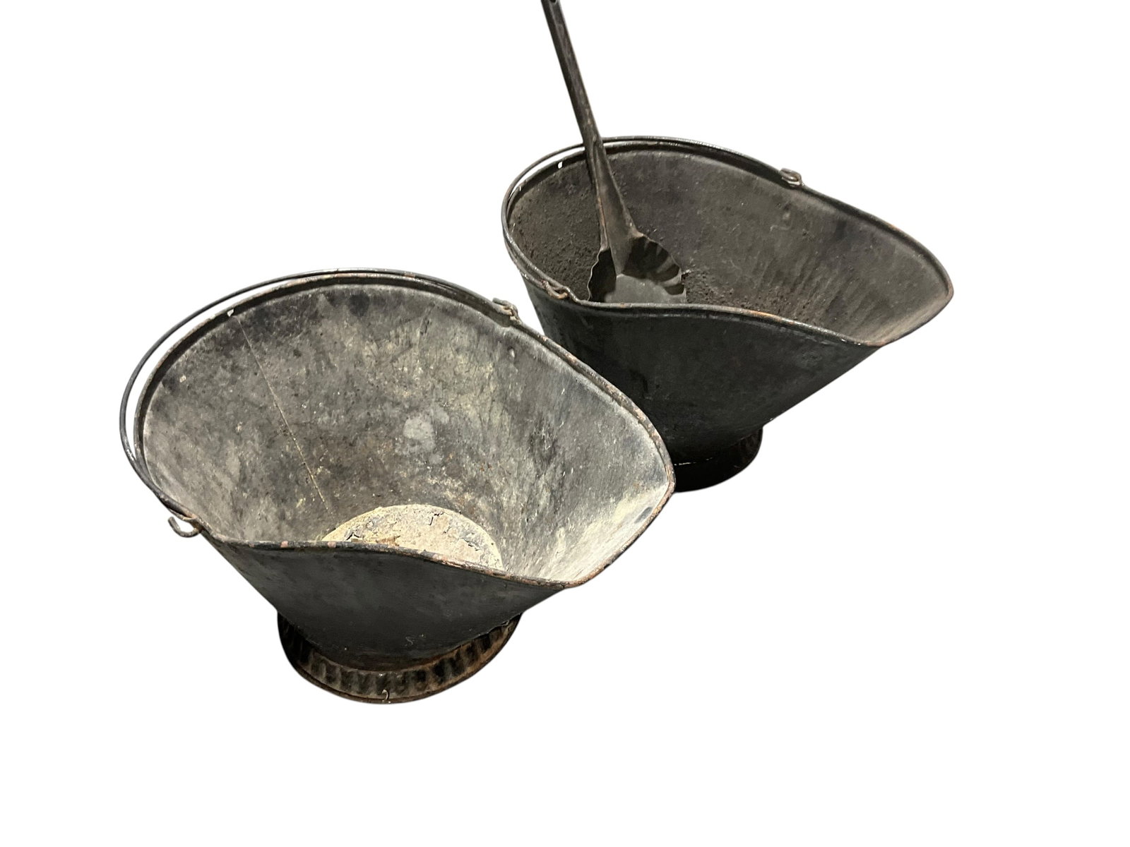 Two Vintage Metal Coal Scuttle Buckets: Overall good condition with no holes. One shovel included. Each buckets measures 10.5" x 17" x 12". Shovel is 18 inches long.