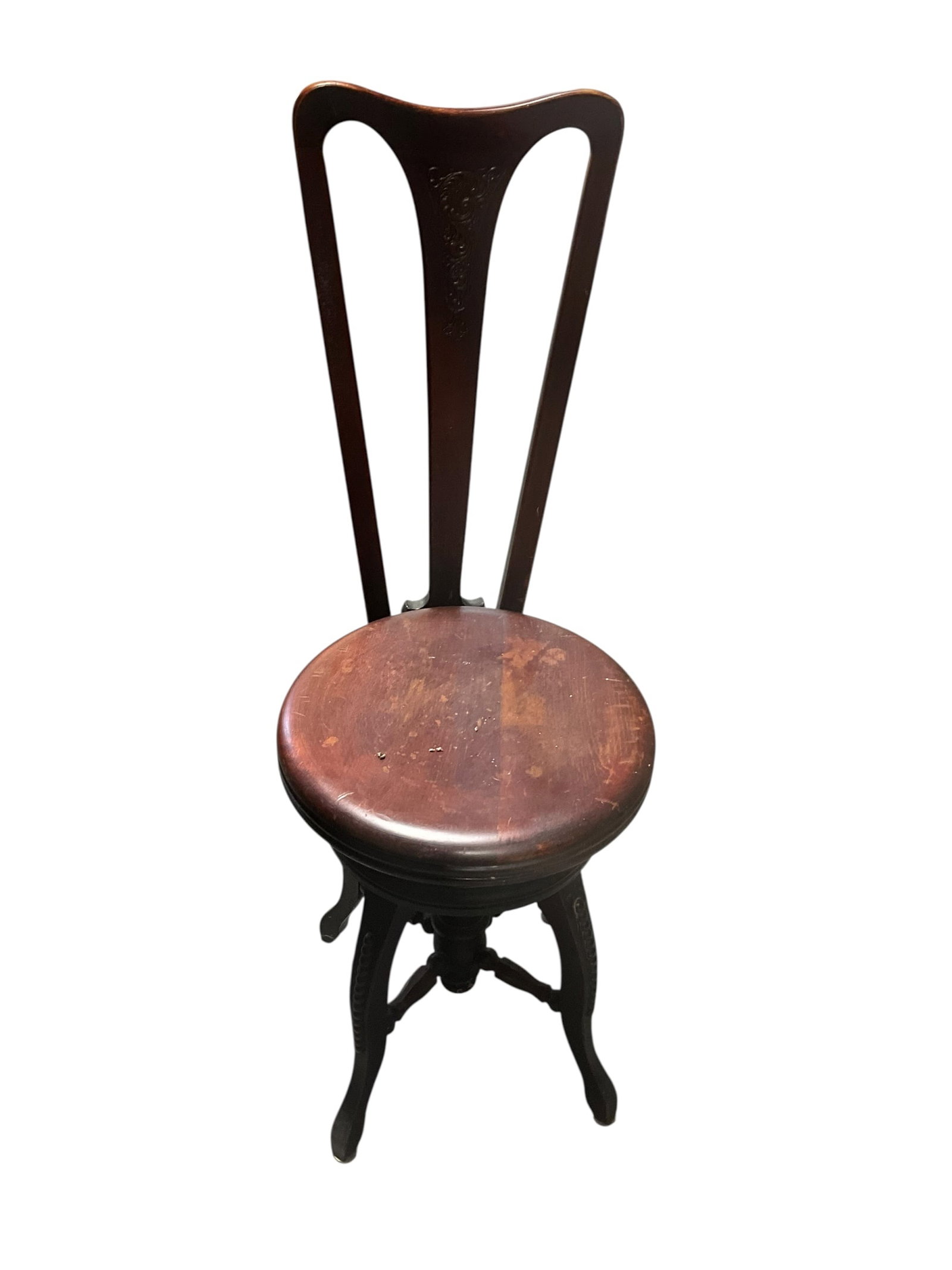 Antique High Back Piano Stool: Excellent condition. Functions as should. Measures 38.5 inches tall. Piano seat has diameter of 14 inches. No shipping on this item.