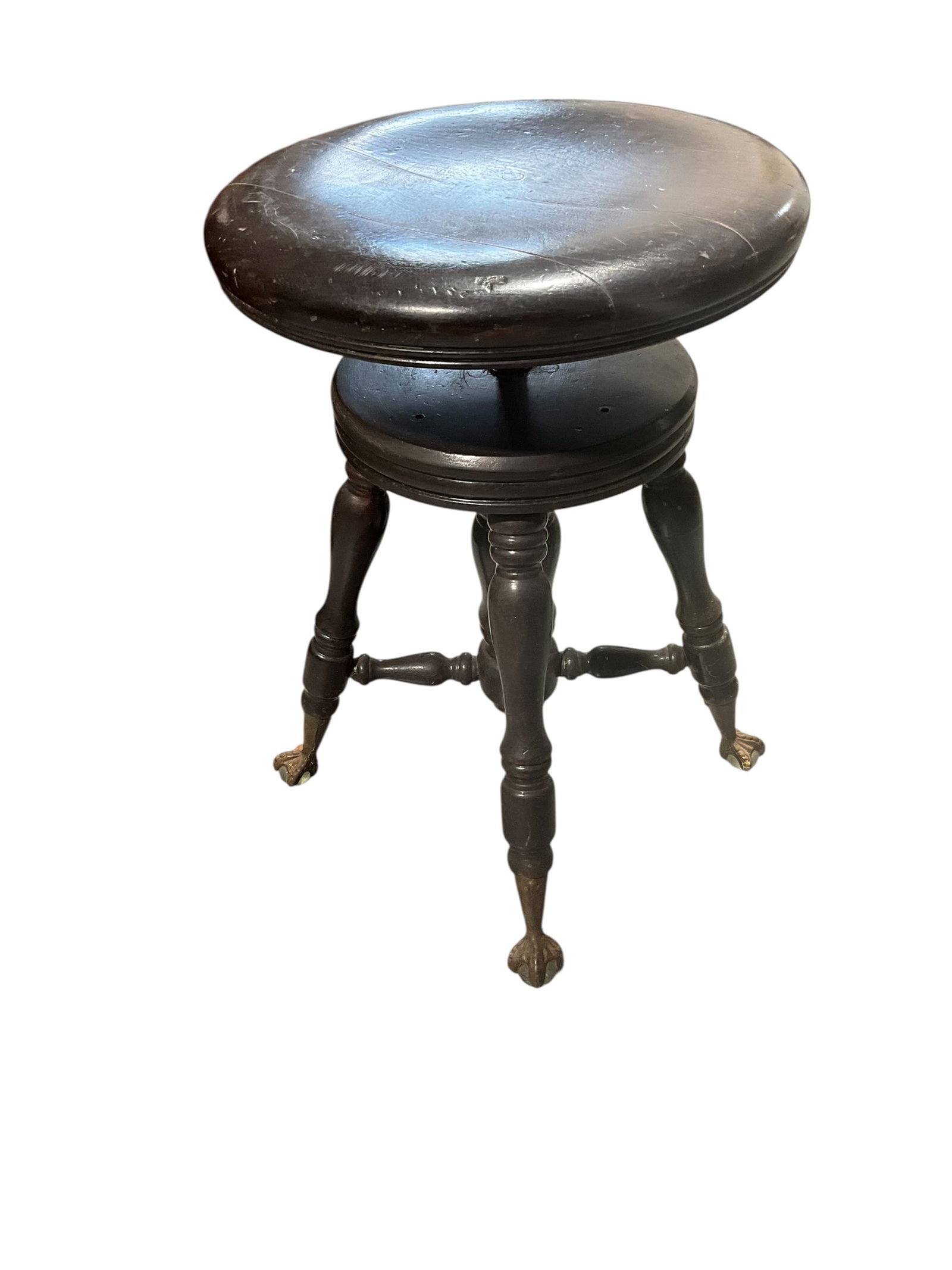 Claw & Glass Ball Feet Piano Stool: Great condition. Measures 21 inches tall with a diameter of 14.5 inches.
