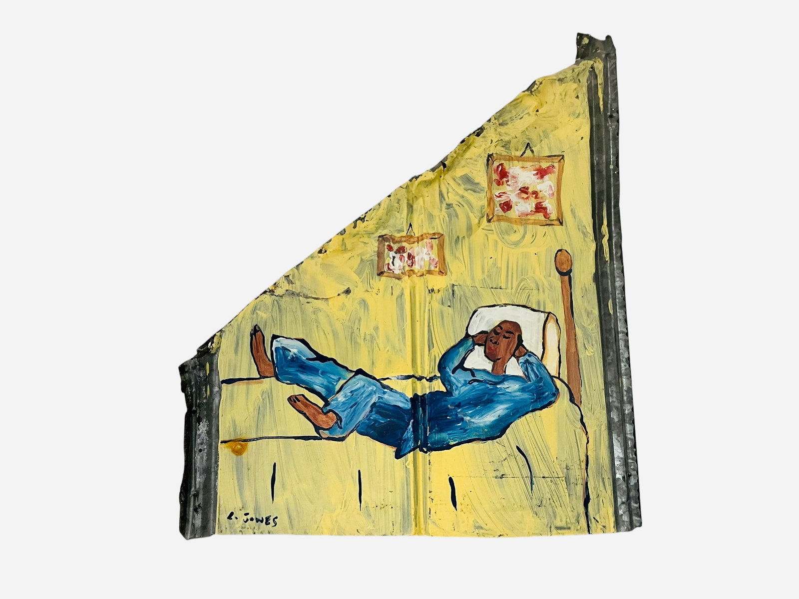 Leonard Jones Folk Art Painting on Tin: Great folk art painting on tin from Georgia artist Leonard Jones. Measures 31 inches tall and 26 inches wide at its widest.