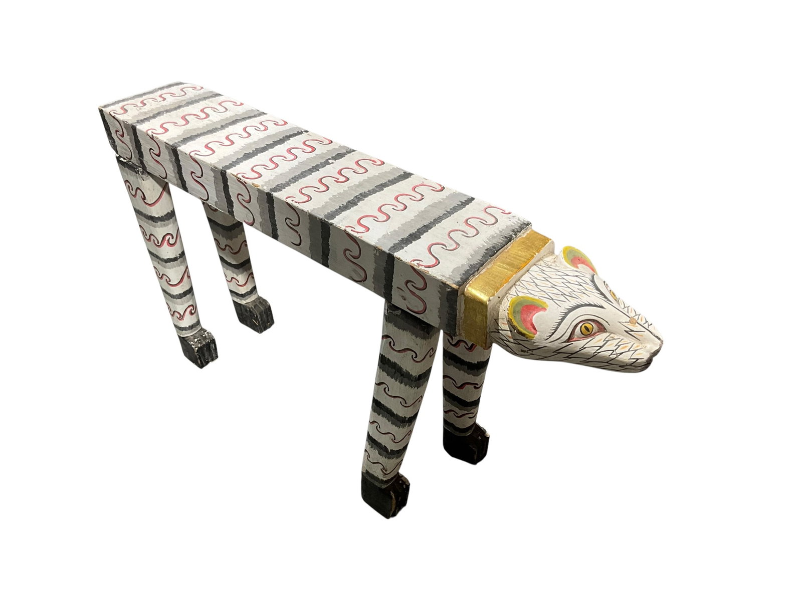 Vintage Balinese Style Wood Cat Plant Stand: Good condition. Great wood carved folk cat plant stand or stool. Legs detach for easy shipment. Some paint chips throughout. Measures 16.25"H x 30"L x 5.25"W.