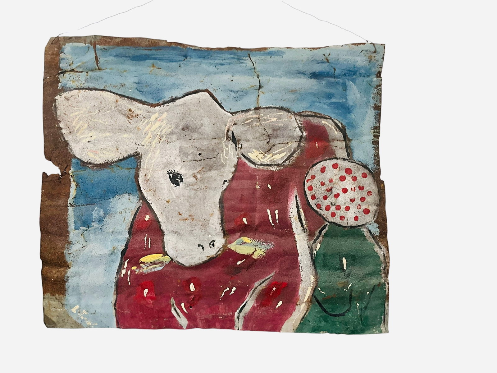 Leonard Jones Folk Art Painting on Tin: Great condition. Folk painting of cow and lady. Measures 25" x 29".