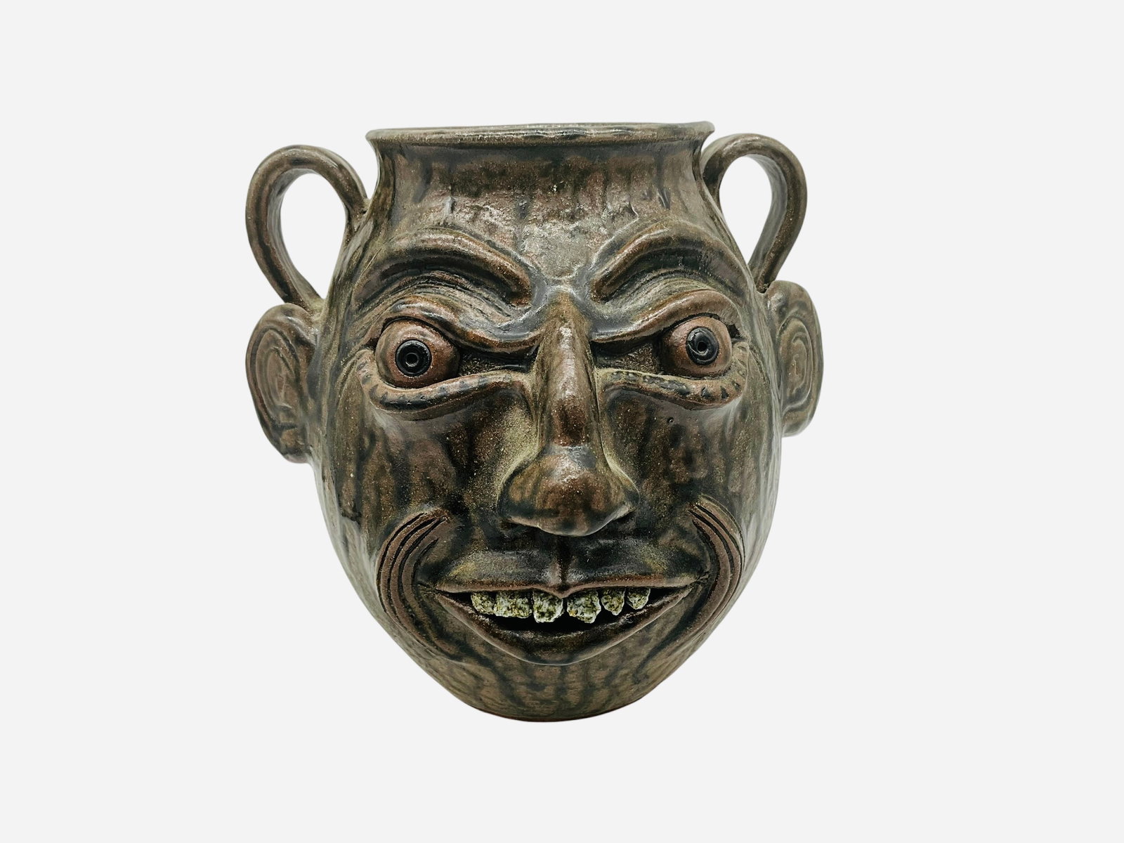 Daniel Boone Rock Tooth Face Jar: Mint condition. Stamped on handle. Signed on bottom. Stands 8.25 inches by 8 inches from handle to handle.