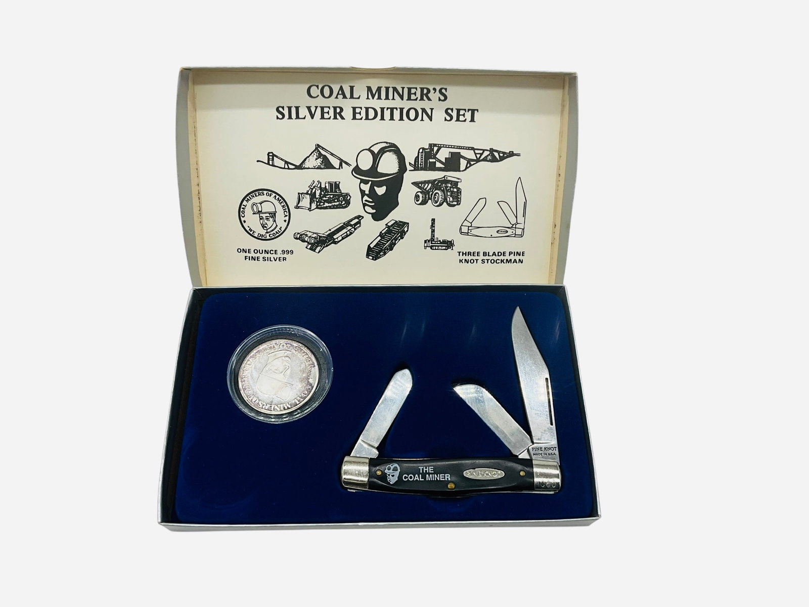 Pine Knot Coal Miner's Knife & Silver Coin: Nice box set featuring a three blade stockman and one ounce .999 silver coin.