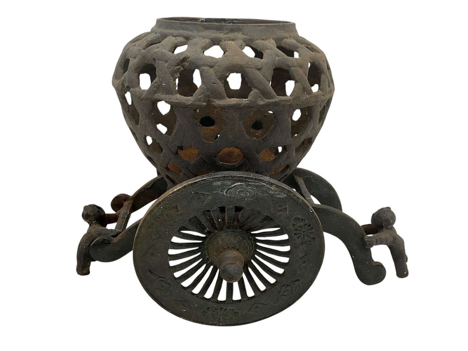 Japanese Cast Iron Reticulated Garden Vase Carriage Planter Candle Holder: Used condition. See photos. 