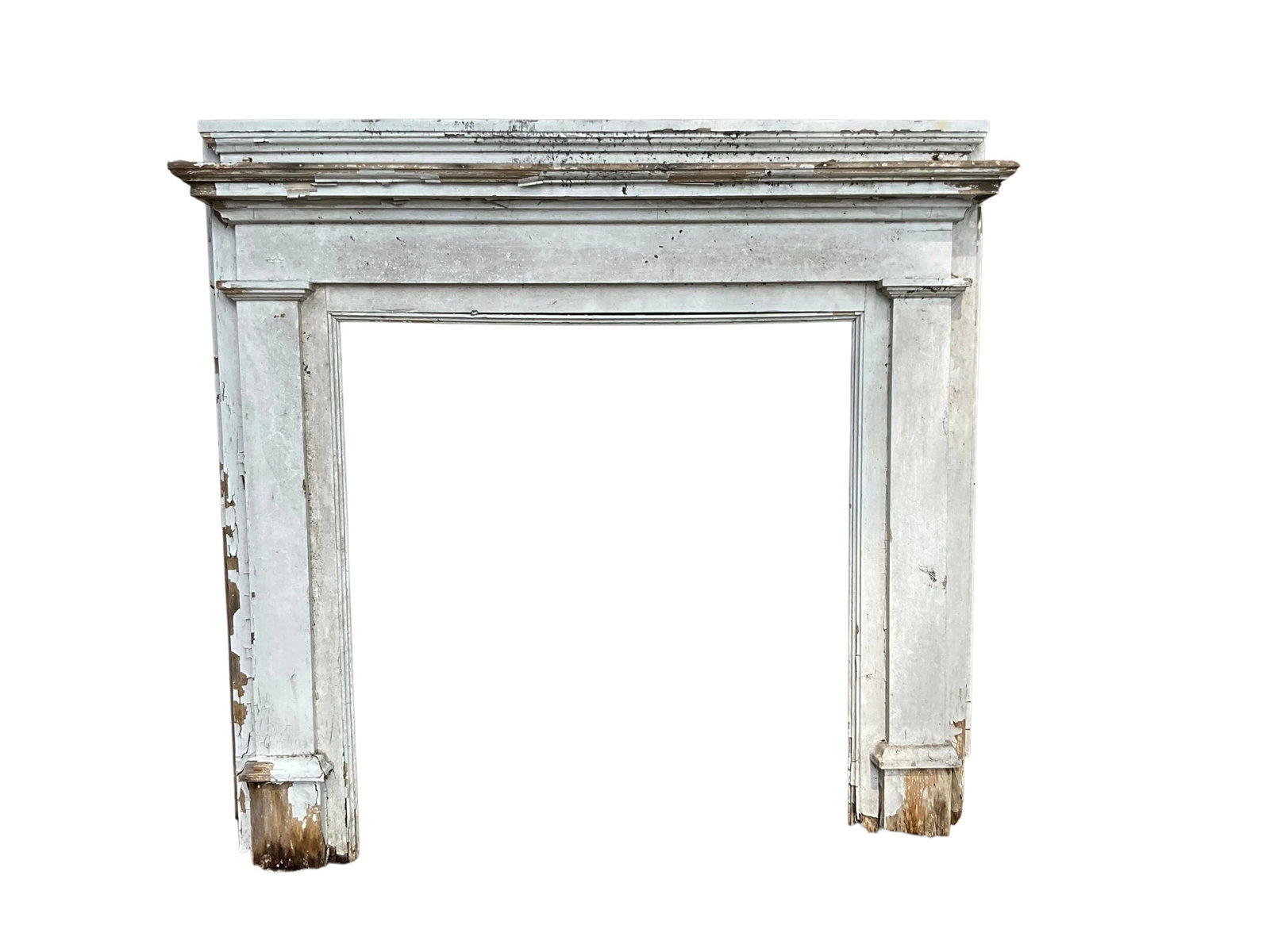 Antique Large Farmhouse Chippy Paint Fireplace Mantle: Measures 59 inches wide x 54 1/2 inches tall x 9 1/2 inches deep. Opening measures 39 inches tall x 38 inches wide. Very sturdy and intact. Some chippy paint. See photos. NO SHIPPING