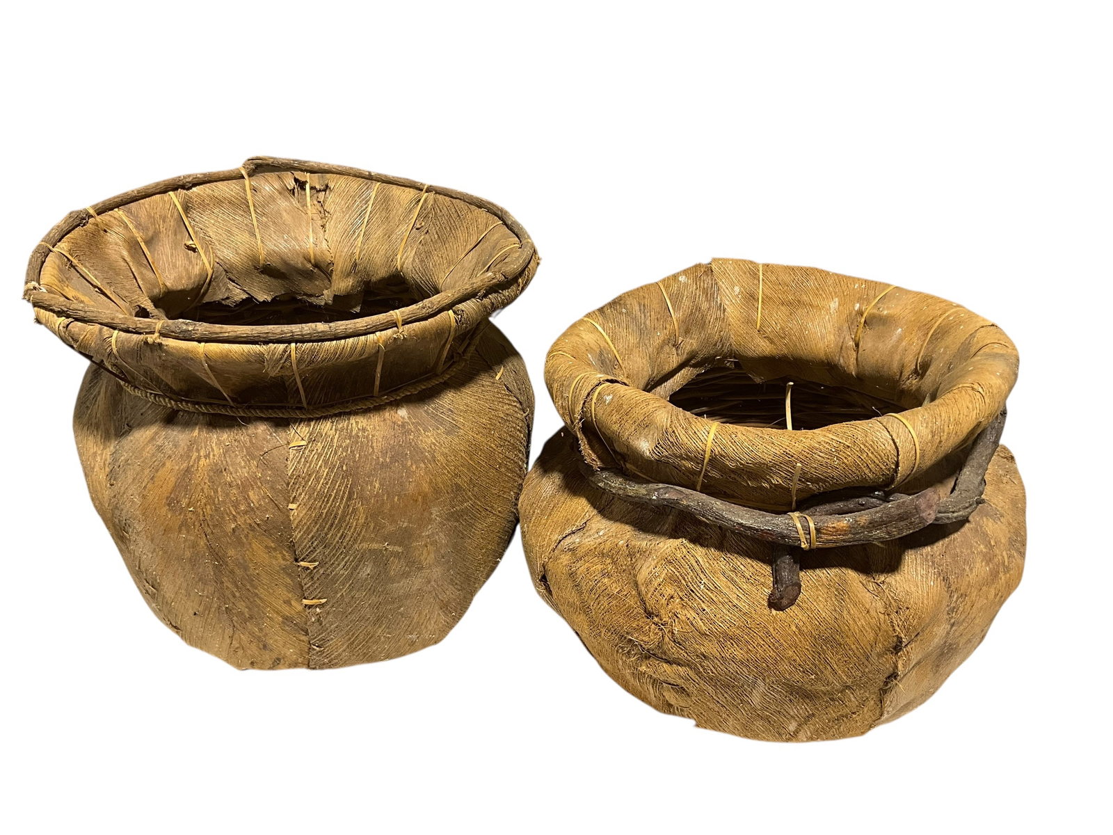 Pair Vintage Basket Primitive Handcrafted Wrapped w/ Banana Leaves Twig (1 of 4)