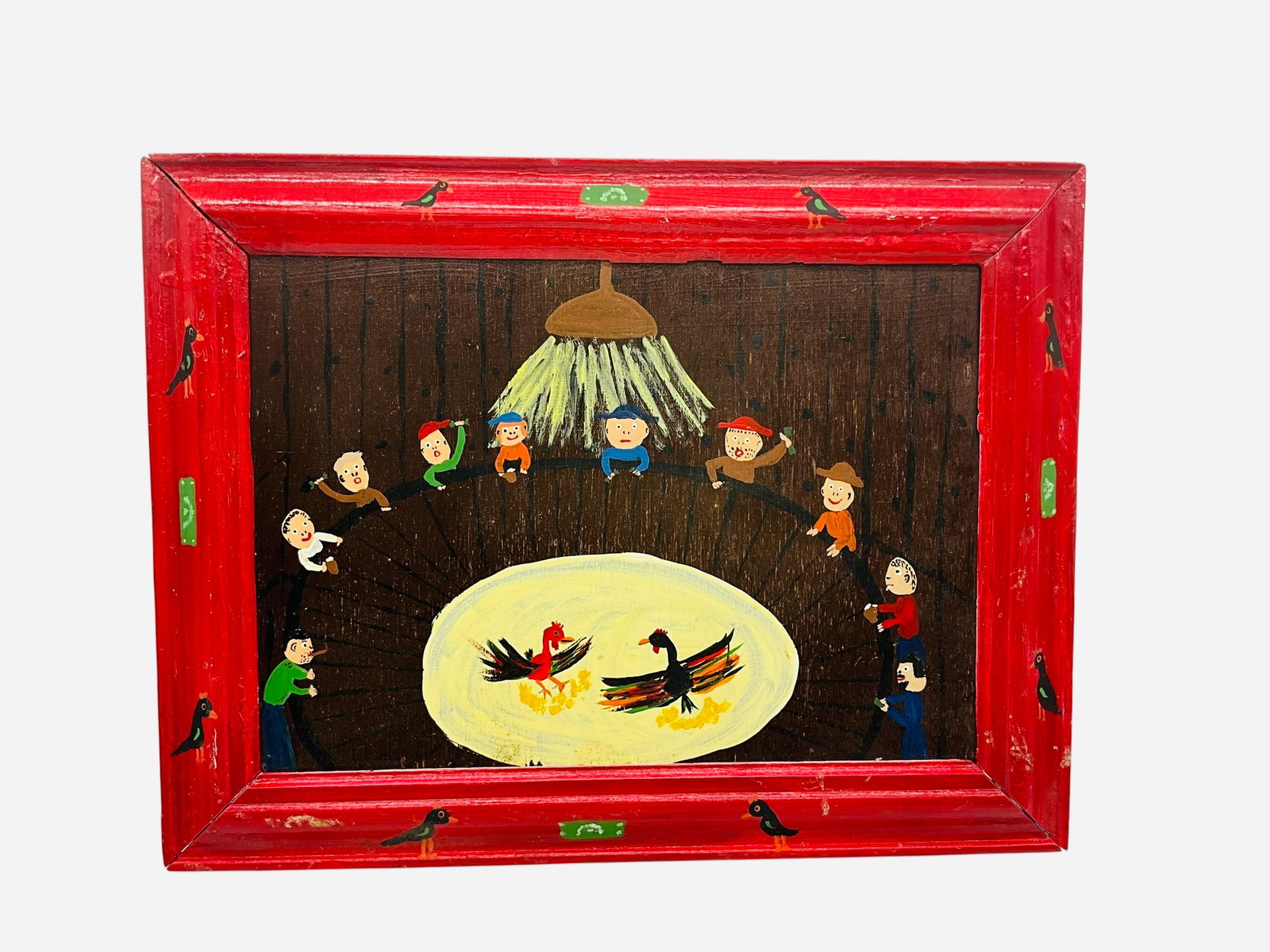 Patience Hamilton Folk Art Painting THE COCK FIGHT: 17 1/2 X 13 1/2 INCHES. 