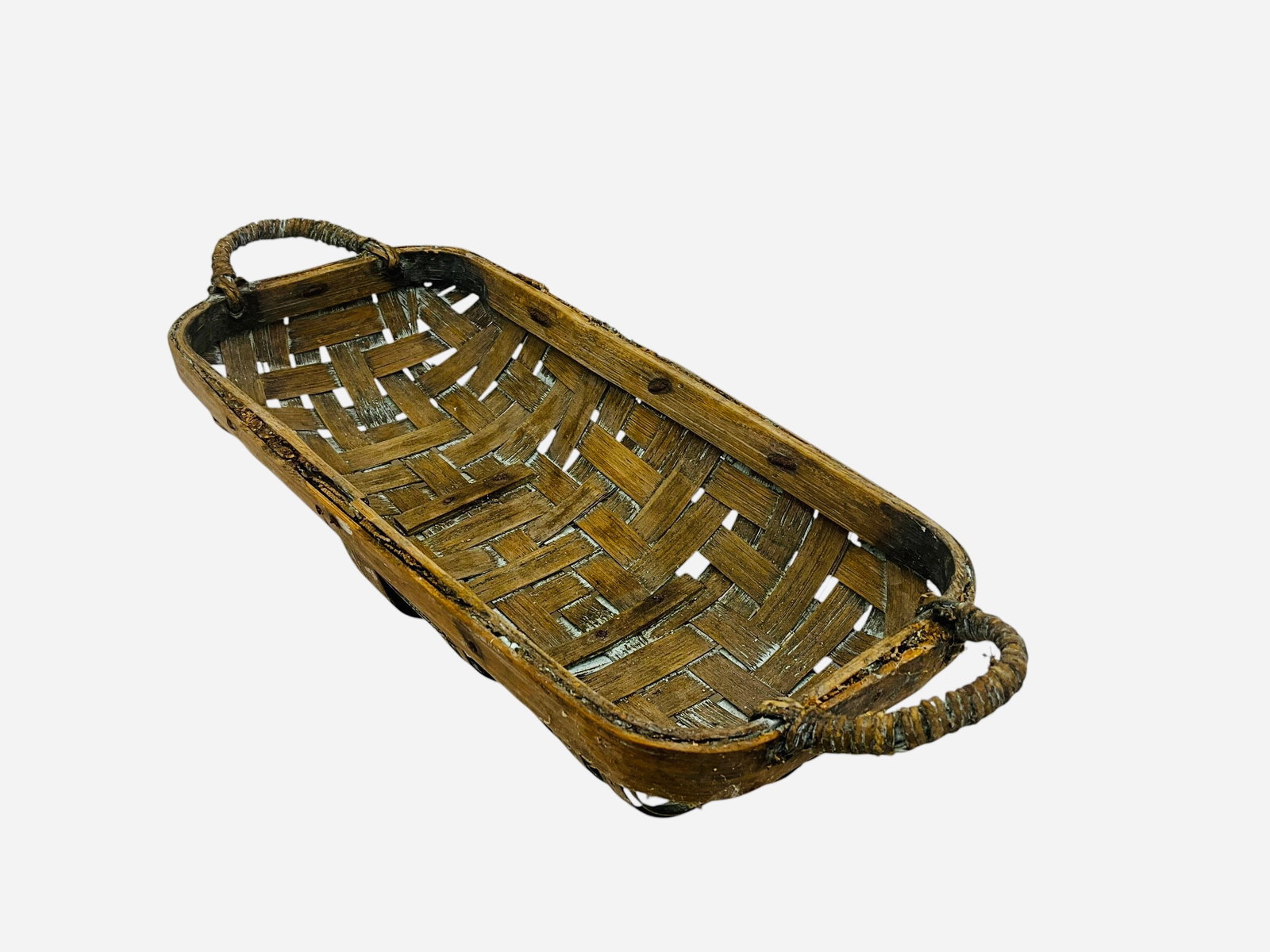 Primitive Small Table Top Split Oak Basket: Great patina. 12 1/4 inches wide x 5 inches deep x 2 inches tall. 