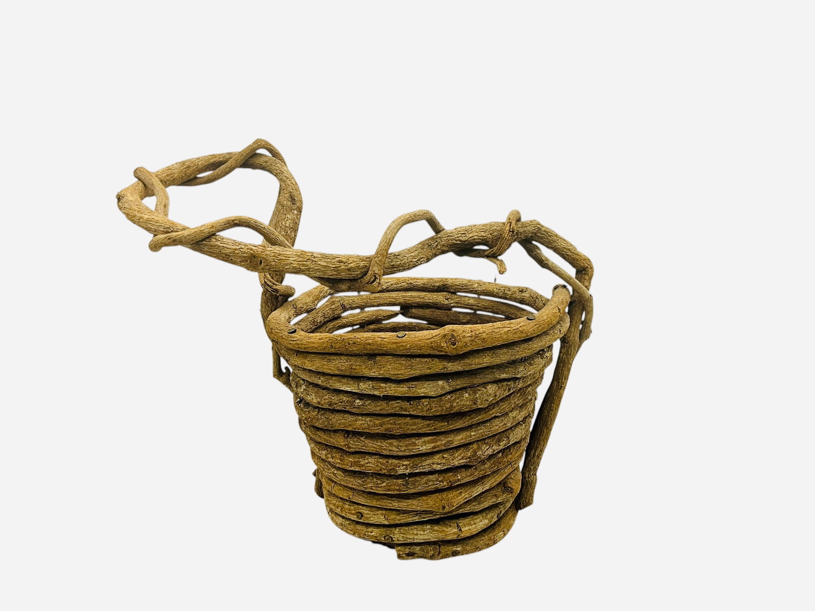 Rustic Handcrafted Hand Woven Twig Basket: Vintage condition. 14 inches tall. 8 inches across base. 