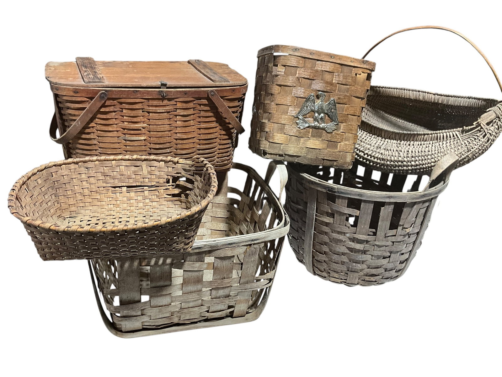 Lot Of 6 Vintage Split Oak Baskets: Most have some minor damage. Great for display. 
