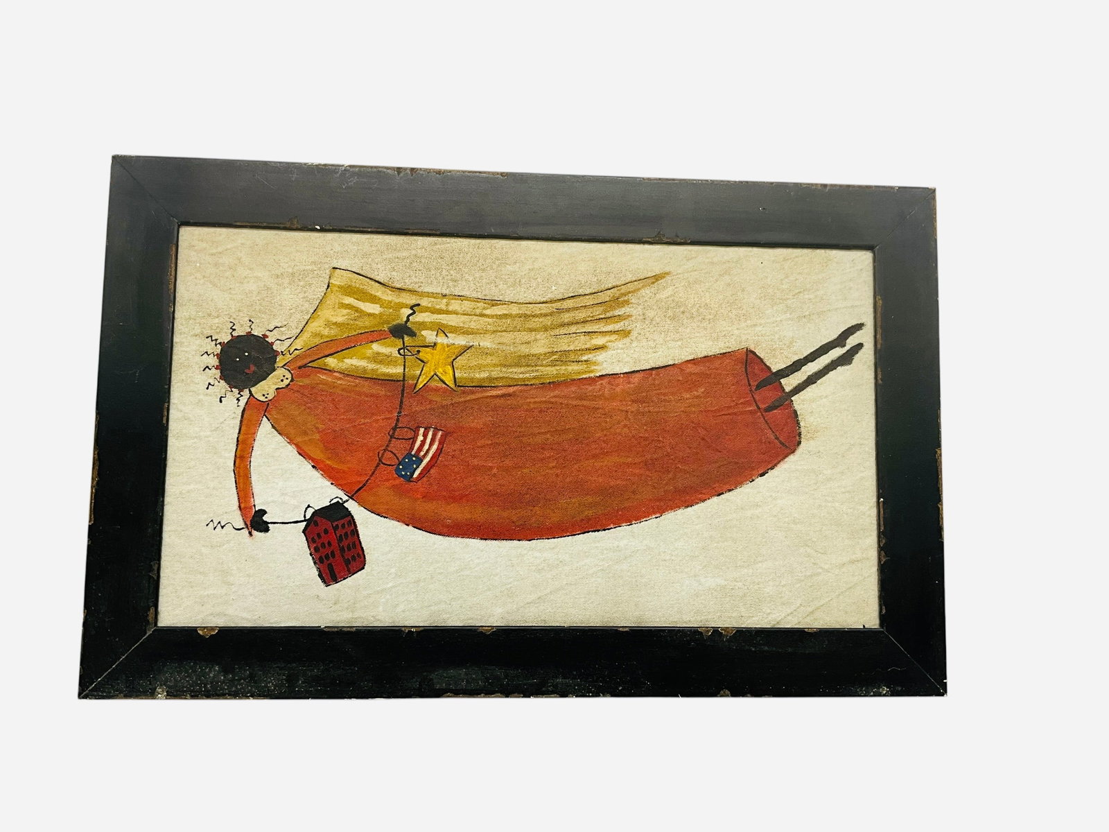 Framed Folk Art On Cloth Artwork USA ANGEL: 24 1/4 x 15 1/4 inches. 