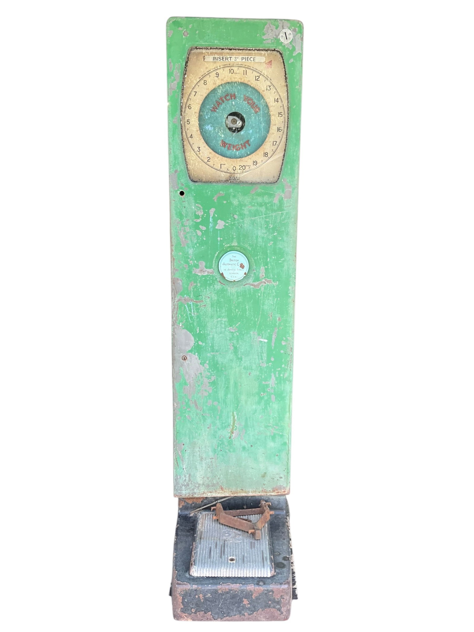 British Automatic Coin Operated Scale: A great piece of history! Not functioning and missing some parts. No key. Scale is extremely heavy. No shipping. Measures 75" x 17" x 24".