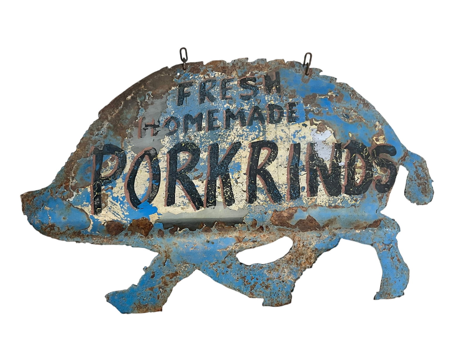 Metal Handmade Advertising Trade Sign FRESH HOMEMADE PORK RINDS: Measures 26 x 15 inches. Original chain links for hanging. All rusty crusty patina, but still a very solid sign. See photos. 