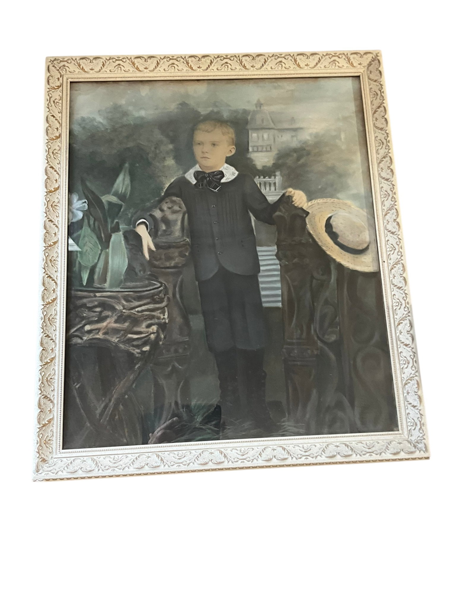 Original Antique Oil Painting of Young Boy: A stunning, original 19th century oil painting on canvas. Modernly framed. Artist unknown, but has excellent detail. Framed measurement is 27" x 23".
