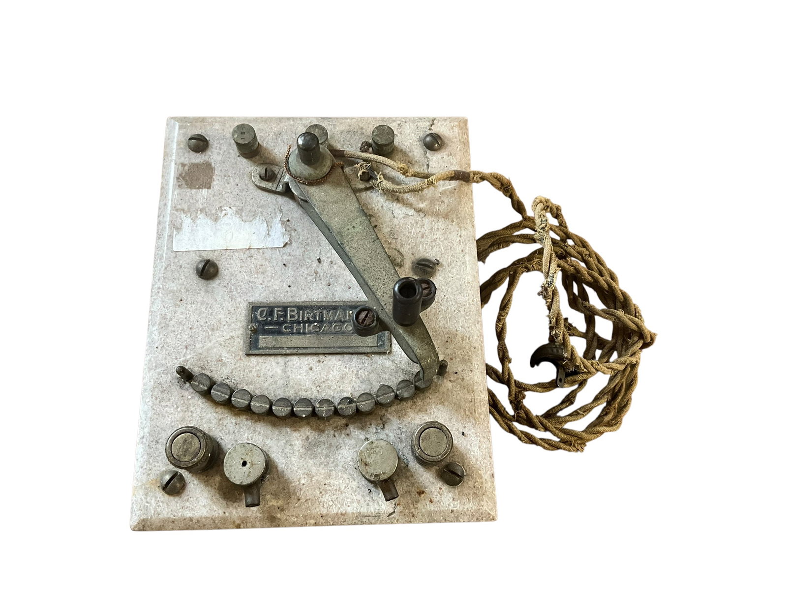 Antique C.F. Birtman Rheostat: Marble on iron. C.F. Birtman Chicago tag on top with componensts. Scratch on side reads 'Dr. P.H. Wessel'. Unusual piece. Very heavy and measures 9" x 7" x 5".
