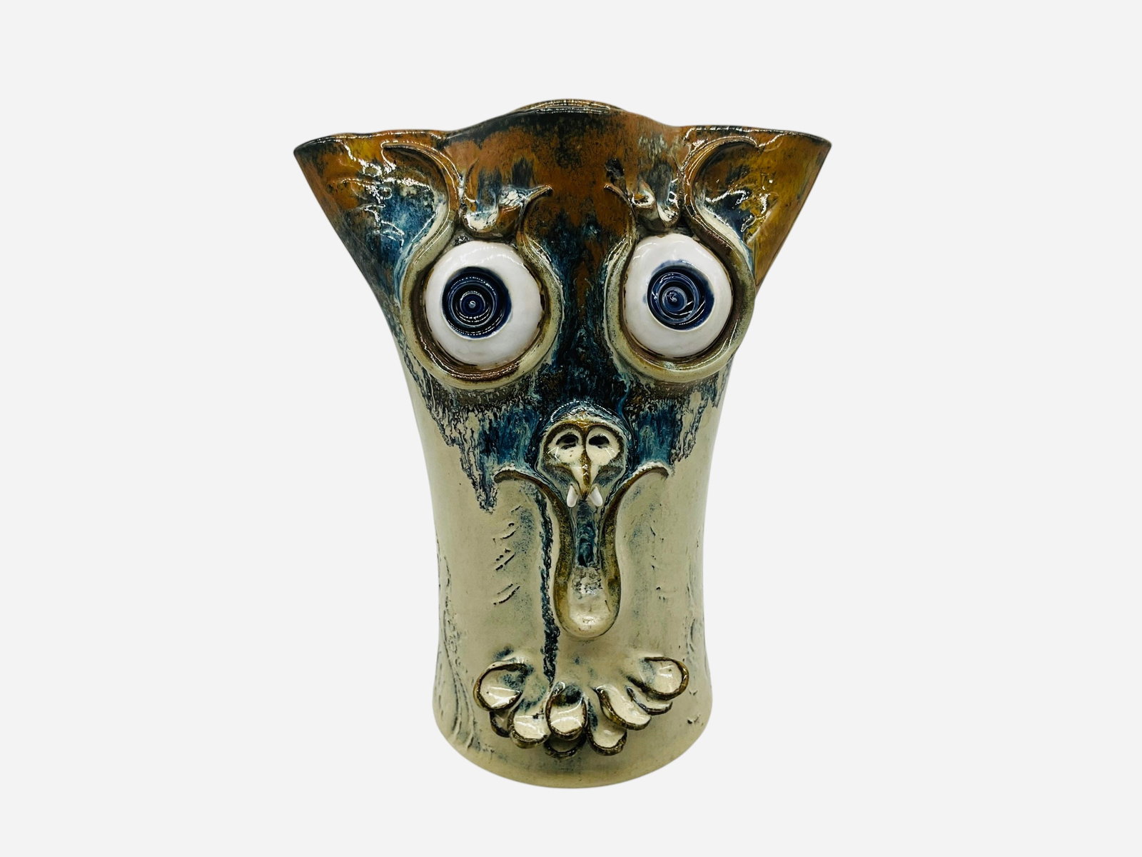 Unique Jonathan & Megan Corn Pottery Owl: Mint condition. 9 inches tall. With artwork by Megan Corn. Both signed on bottom. 