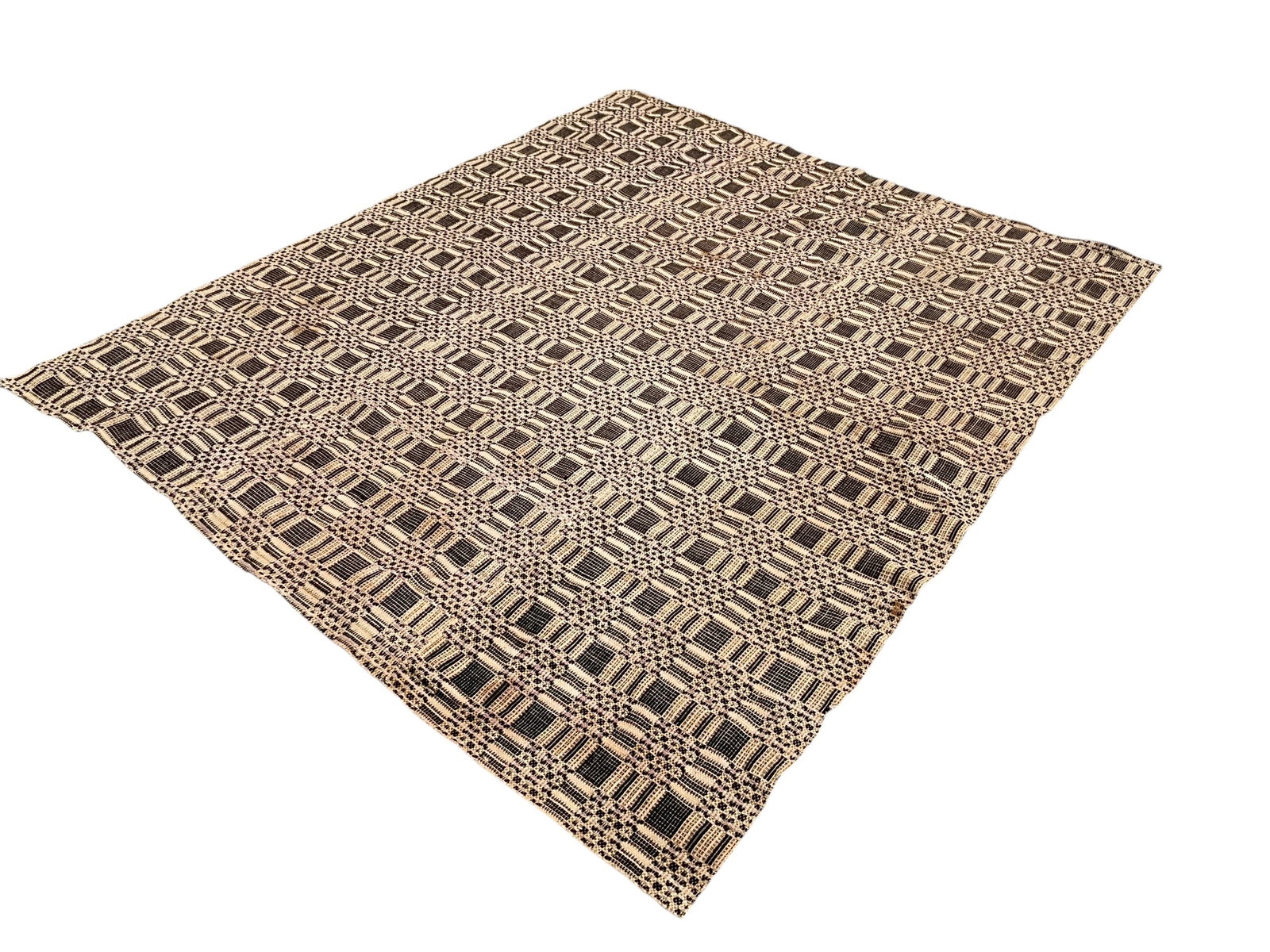 Awesome 1800â€™s Wool Coverlet: Measures 87 x 75 inches. Some minor soiled spots. Name tag sewn in one corner. 