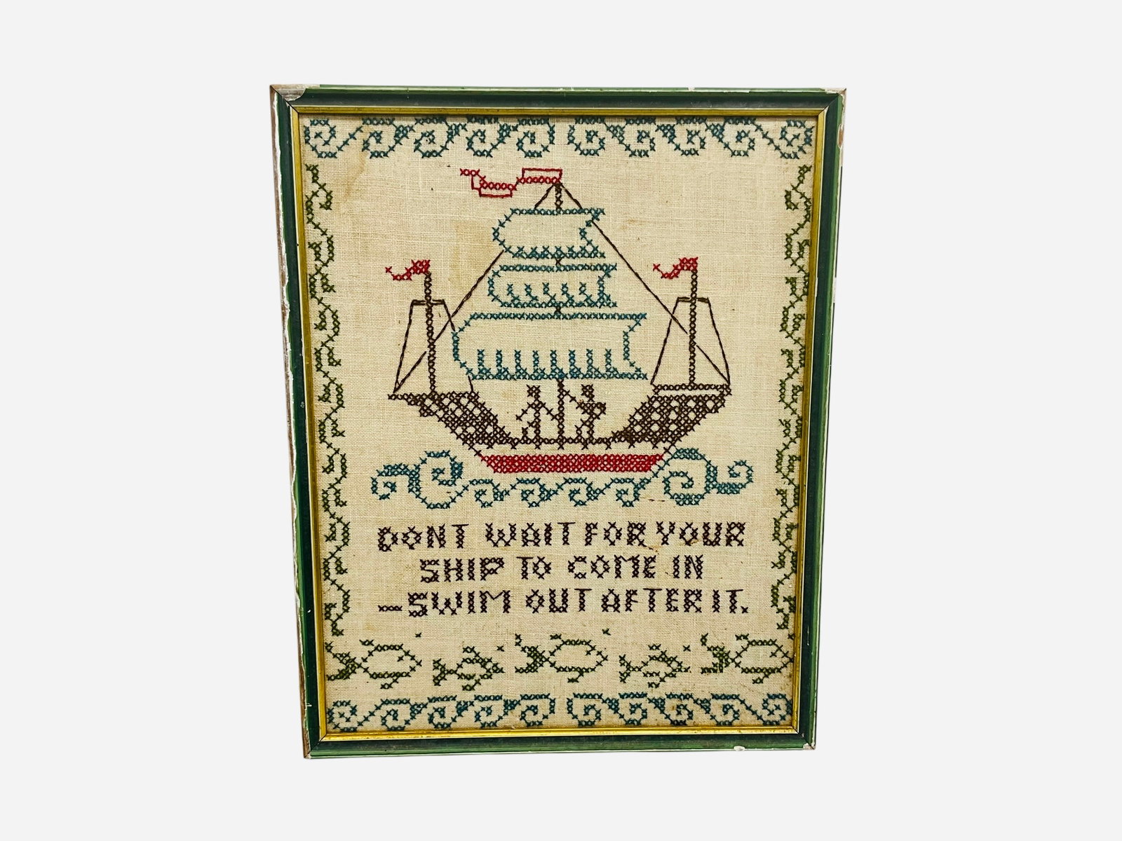 Vintage Needlepoint Sampler In Frame: 14 x 11 inches. No glass in frame. 