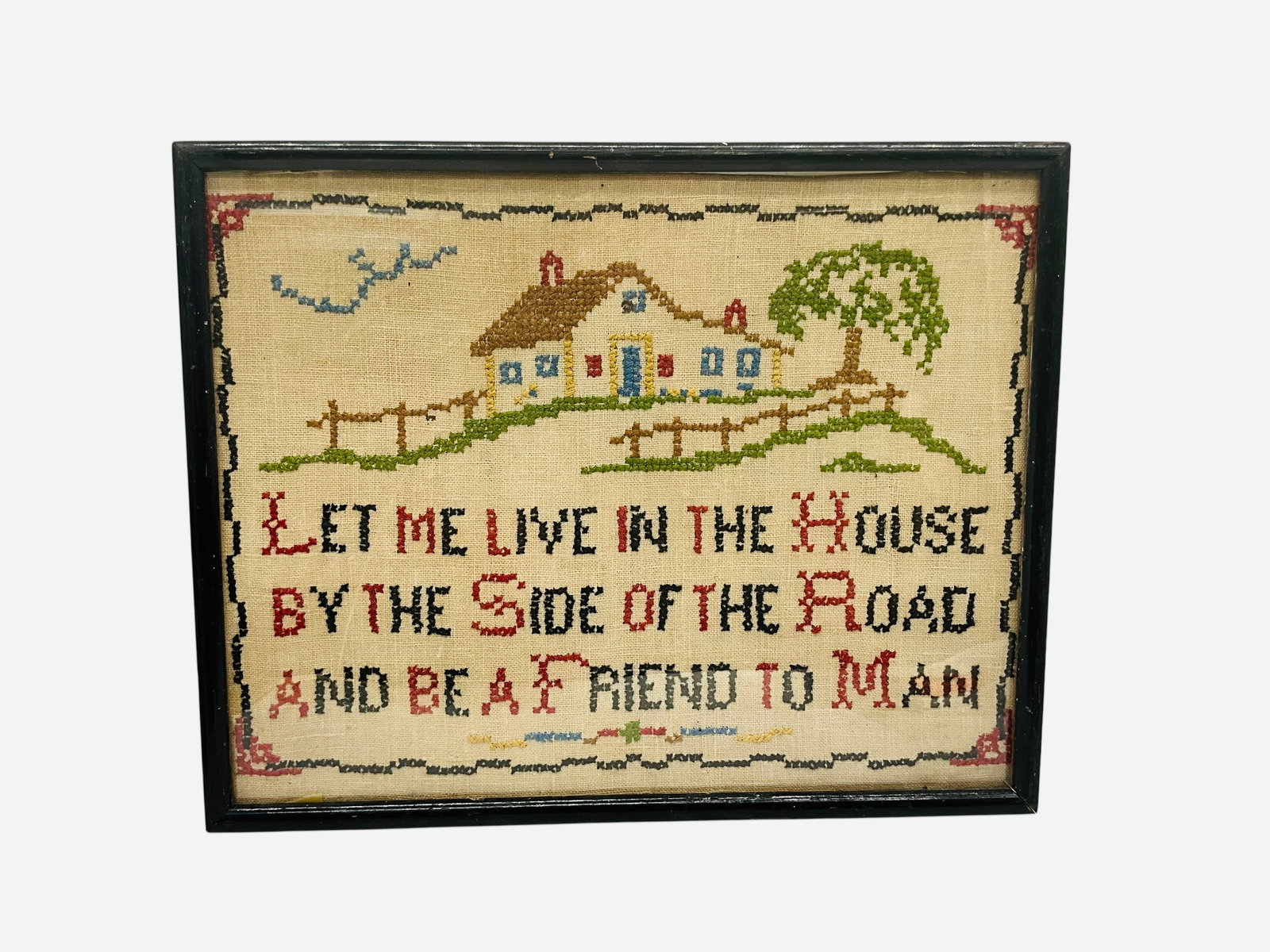Vintage Hand Made Folk Art Sampler: 12 x 9 1/2 inches. 