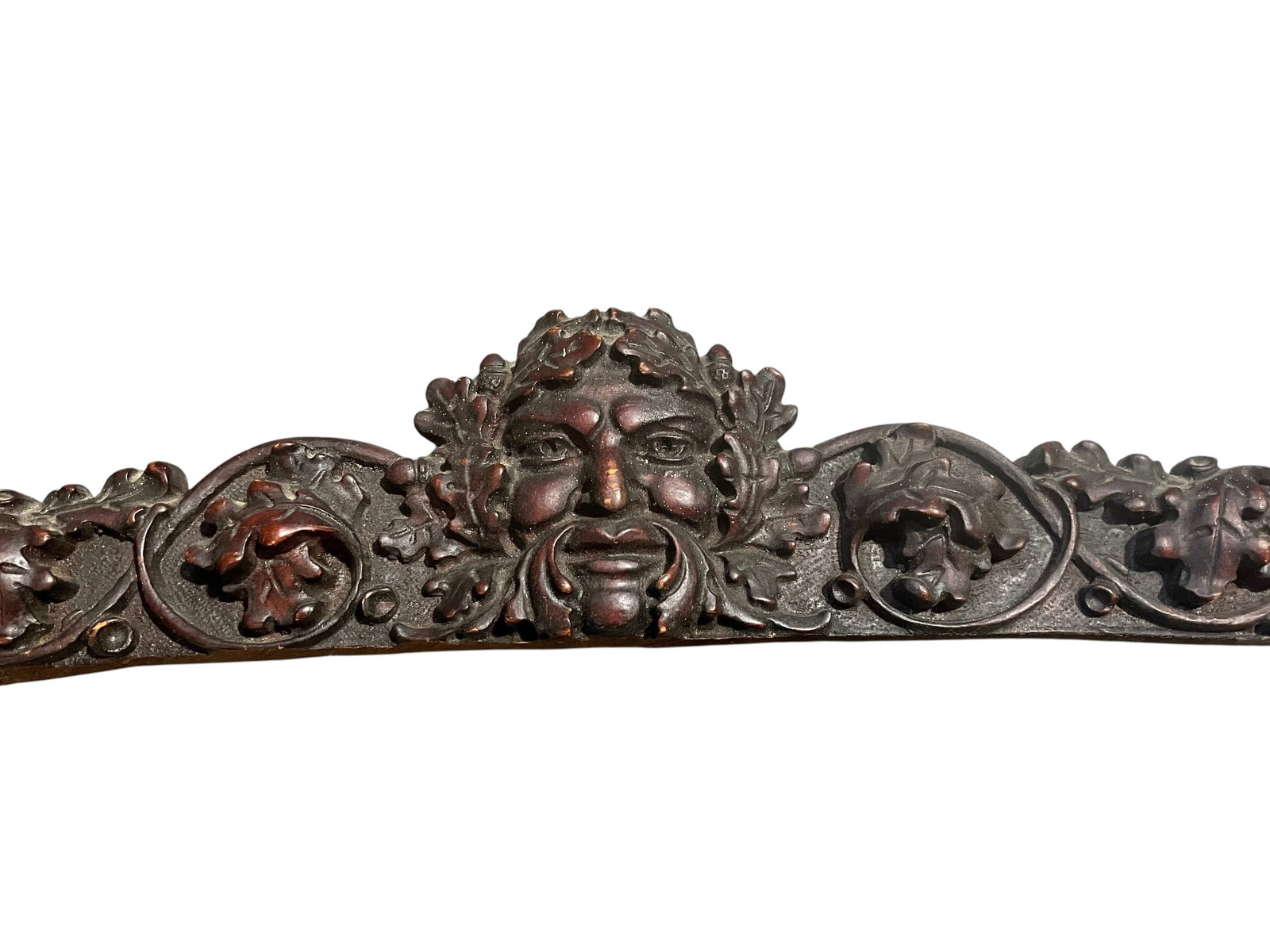 Antique Bacchus Head Sculpted Wood Pediment Architectural Salvage: Measures 39 inches long x 5 1/2 inches tall. 