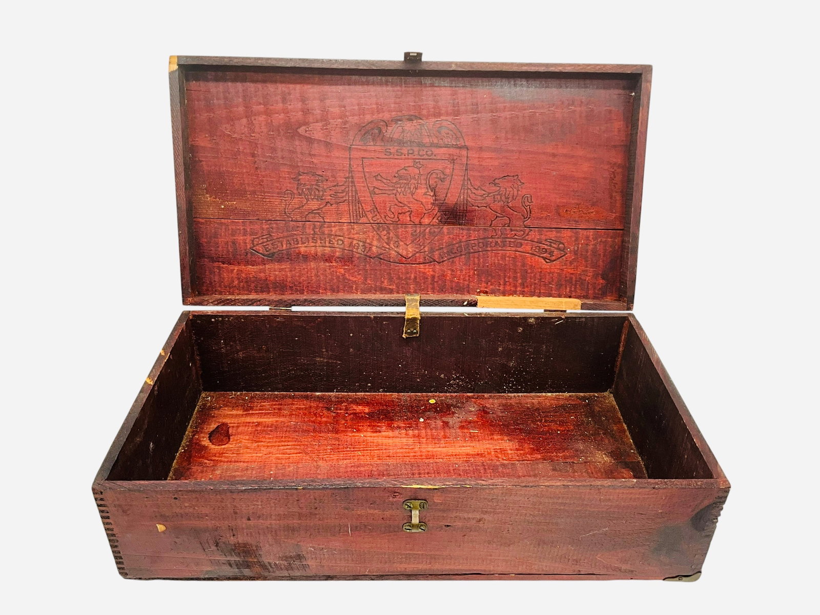 Antique Wooden Advertising Box S.S. Pierce Co. Of Boston 1894: Vintage condition. Hinges need repair but lid is still attached. A leather strap was installed at some point. Measures 19 1/2 inches wide x 10 inches deep x 5 1/2 inches tall. 