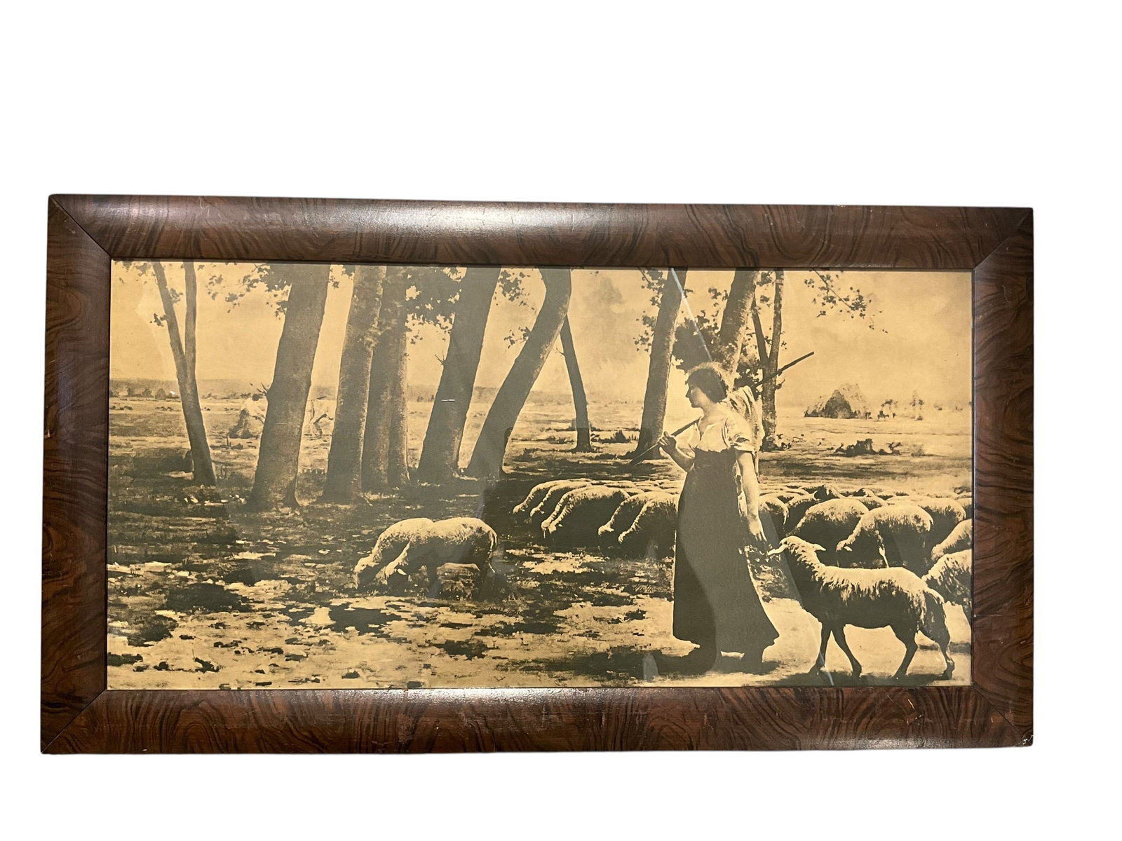Vintage â€?The Shepherdessâ€? Framed Flock Of Sheep Print: Good condition. Measures 32 x 17 1/2 inches. 