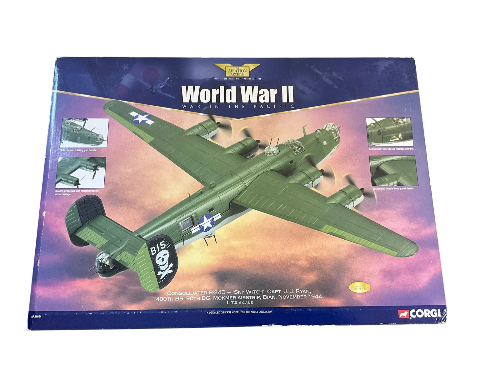 Corgi WW2 Die Cast Model B-24D Sky Witch: Good preowned condition. Corgi Aviation Archive World War 2 die cast model. 1:72 scale. Item number AA34004. Consolidated B-24D 'Sky Witch'. Captain J.J. Ryan, 400th BS, 90th BG, Mokmer Airstrip, Biak