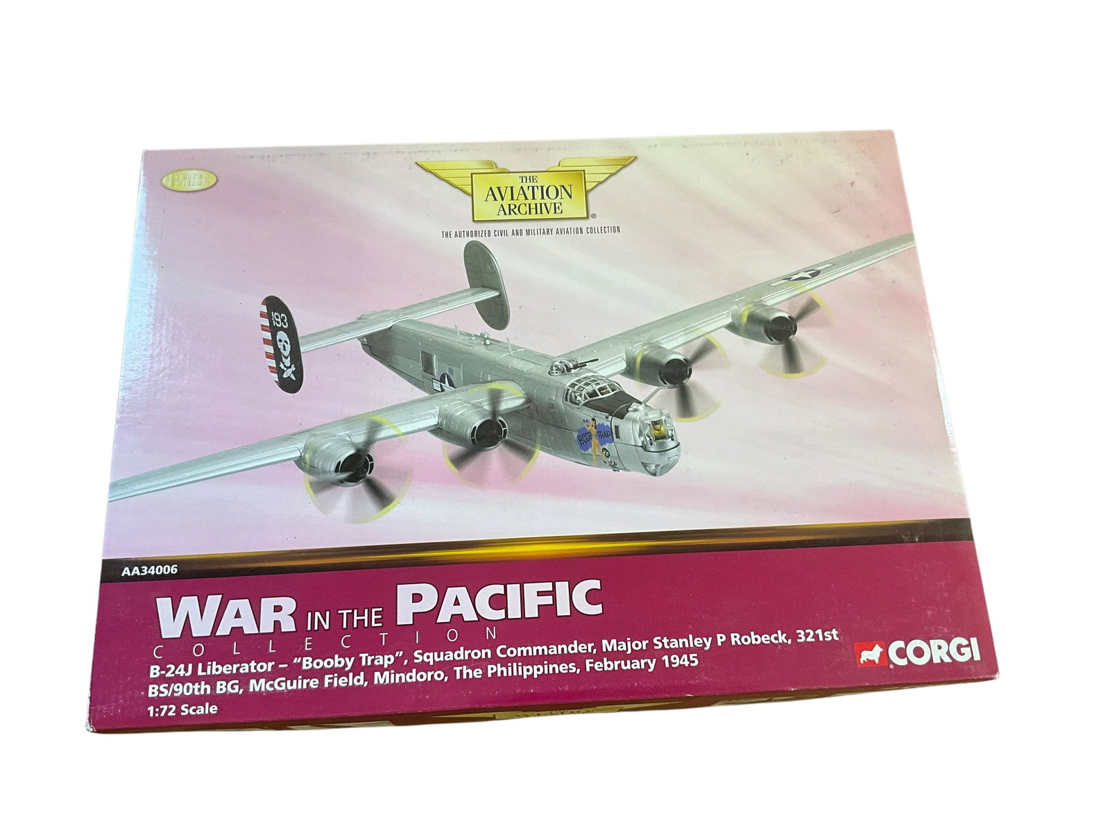 Corgi WW2 Die Cast Model B-24J Liberator: Good preowned condition. Corgi Aviation Archive World War 2 die cast model. 1:72 scale. B-24J Liberator - "Booby Trap", Squadron Commander, Major Stanley P Robeck, 321st BS/90th BG, McGuire Field, Min