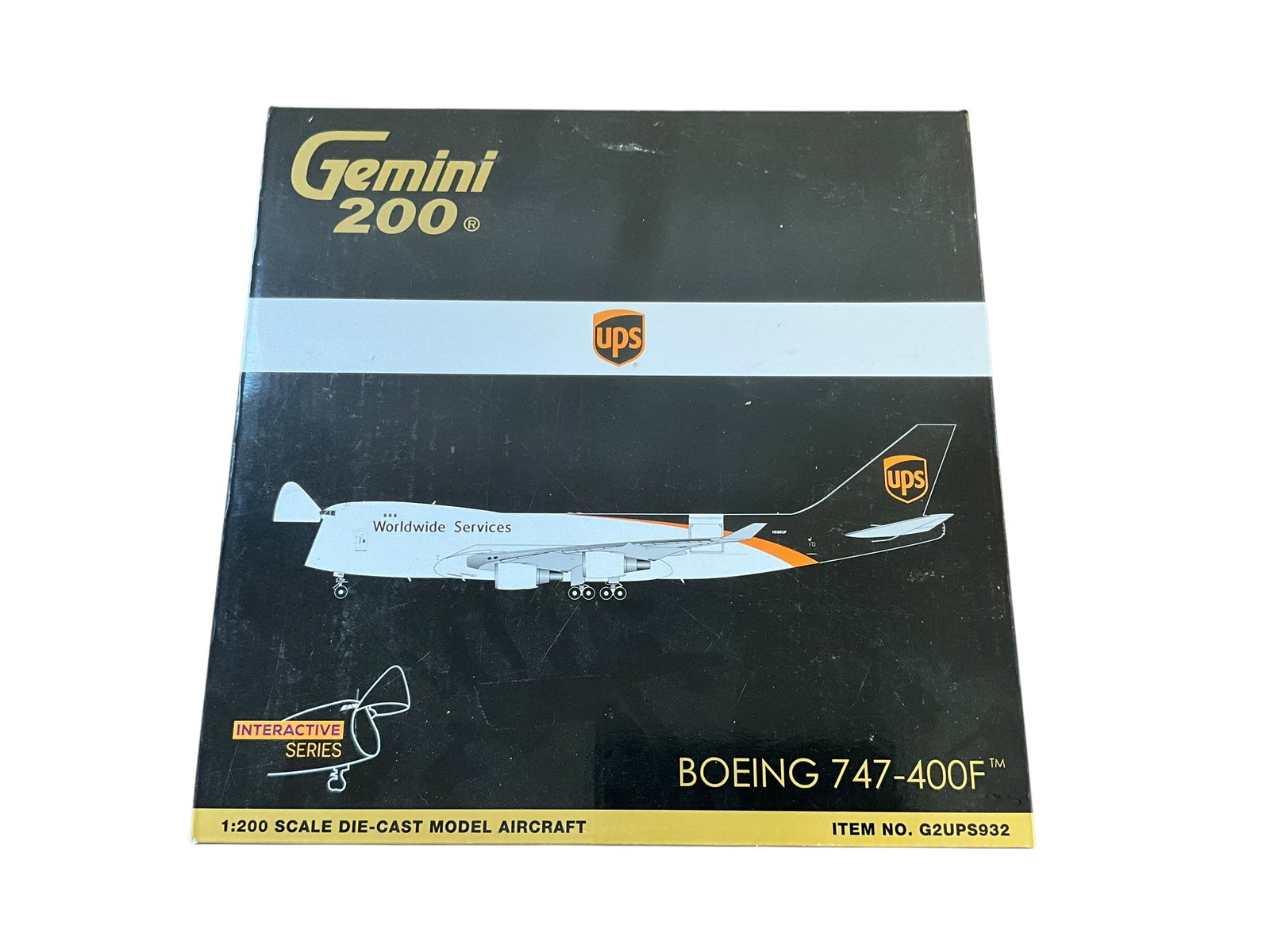 Gemini200 UPS Boeing 747 Die Cast Model: Good preowned condition. 1:200 scale. UPS Boeing 747-400F. Interactive Series. Item number G2UPS932. Item in original box and box measures 13" x 13" x 5". 